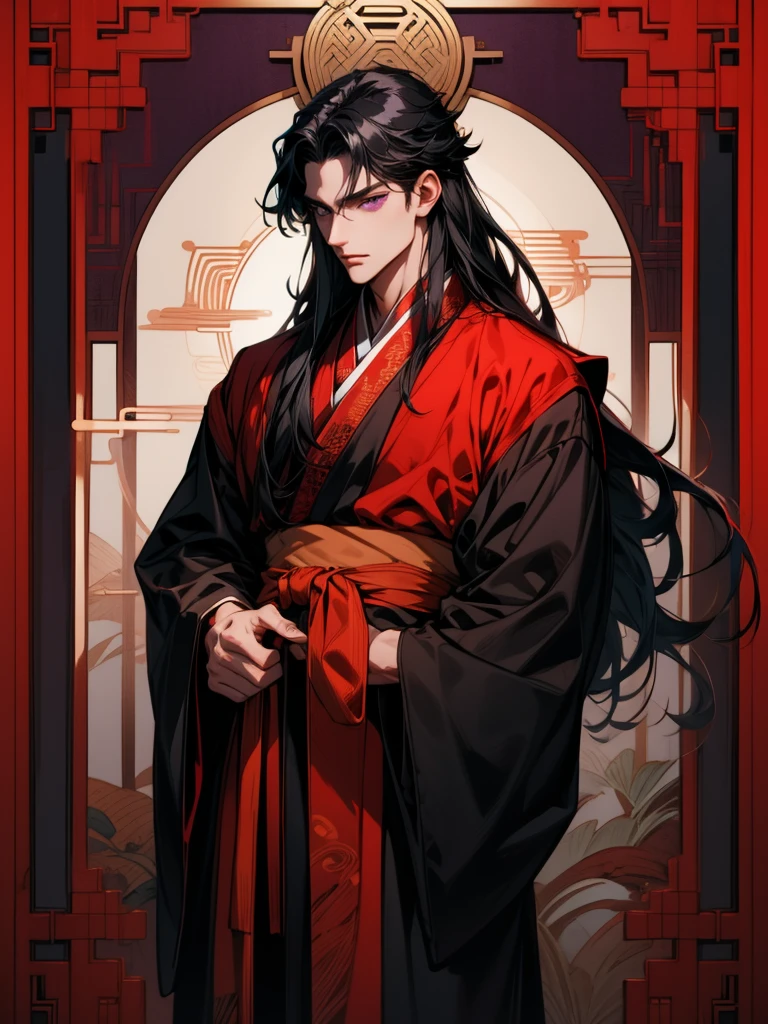 masterpiece, Man, Long hair, black hair, purple eyes, hanfu Red black color, Chinese royal background