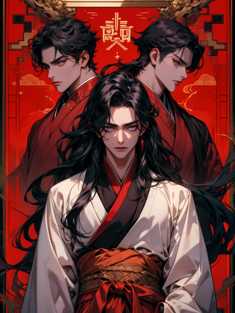masterpiece, Man, Long hair, black hair, purple eyes, hanfu Red black color, Chinese royal background