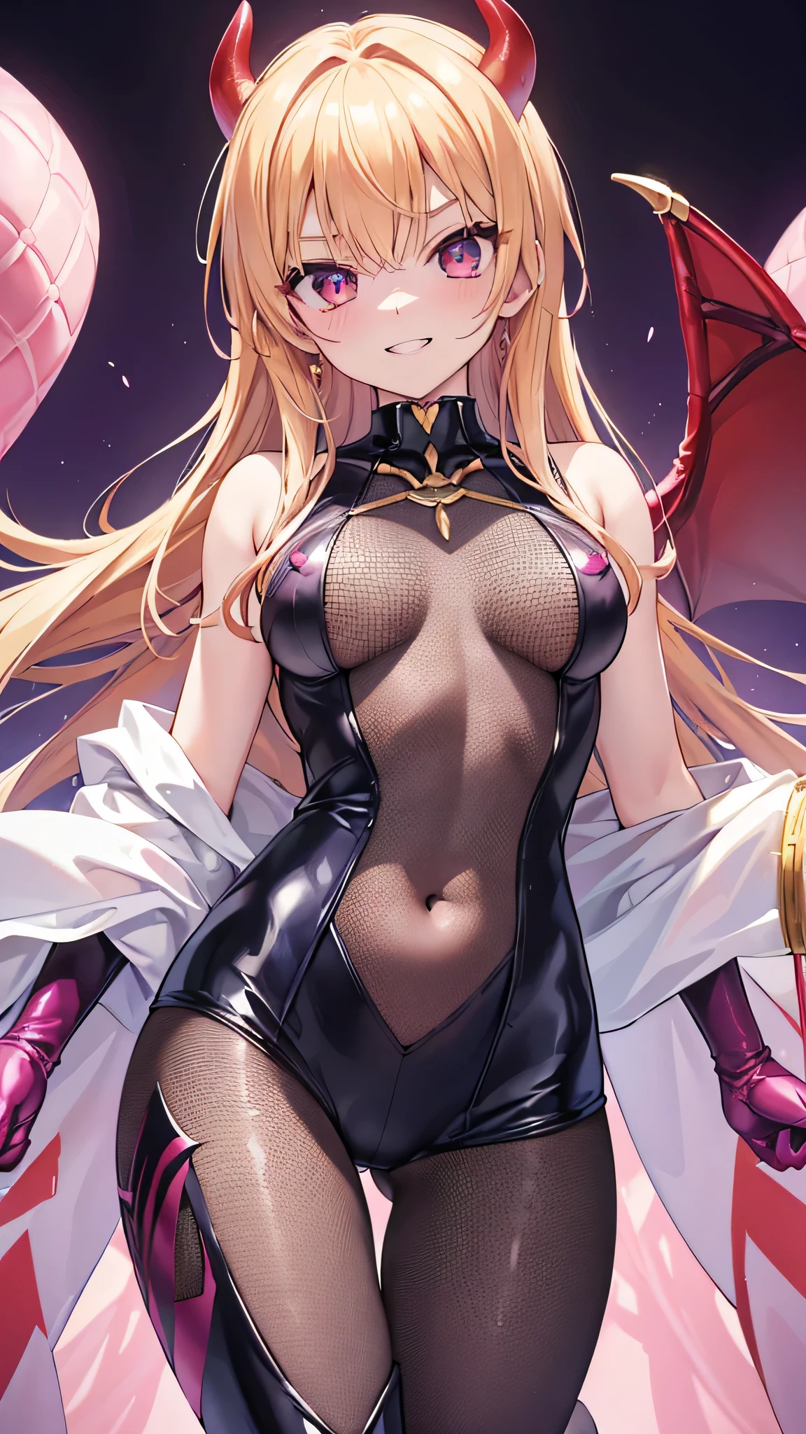 Sentai Series、1girl、((Young face))、Villainous female executive、A purple leotard that only covers the nipples and crotch、Gold decoration on chest、sexy、Blonde、Red eyes、Her eyes shine mysteriously、Handsome face、Coral-colored lips、Slender body、Perfect proportions、Fishnet tights、short boots、rubber gloves、(evil grin)、((Devilish decoration))、The navel is exposed、Open chest、Shoulders are exposed、(Put your foot on the guy)、Bewitching aura、1boy、(The man is falling)、After the battle the man lost、(Angle from below)、Angle from below、thighs, (thighs), standing with legs apart、((Thigh close-up))