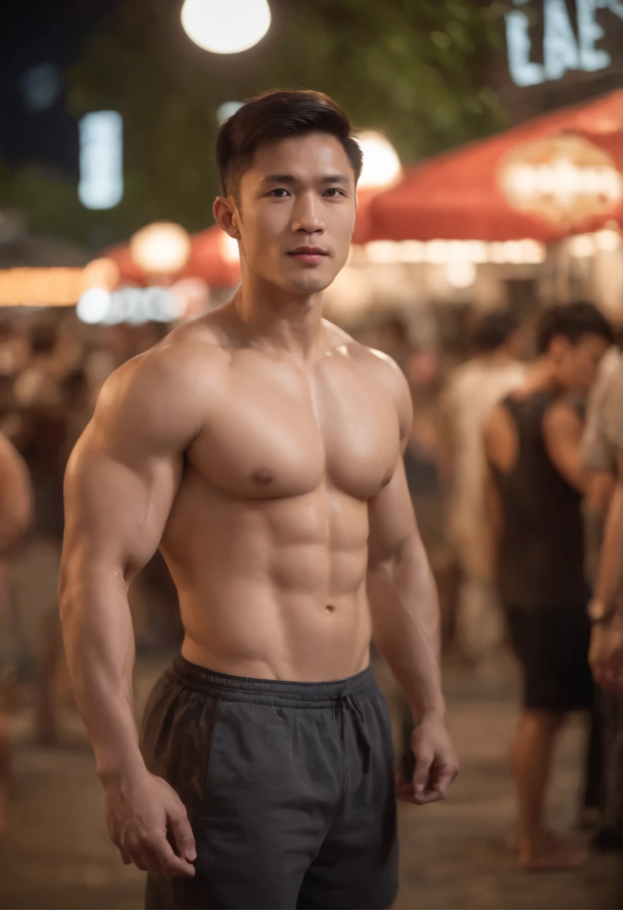 Full body photo of muscular man shooting movie light,Athlete physique,Young handsome face,30 years old,80 kg of whole muscle,Strong and full body,Very handsome Chinese guy, sports Shorts，Topless，Shirtless at the crowded night market,Perfect body proportions, Large bulging chest muscles