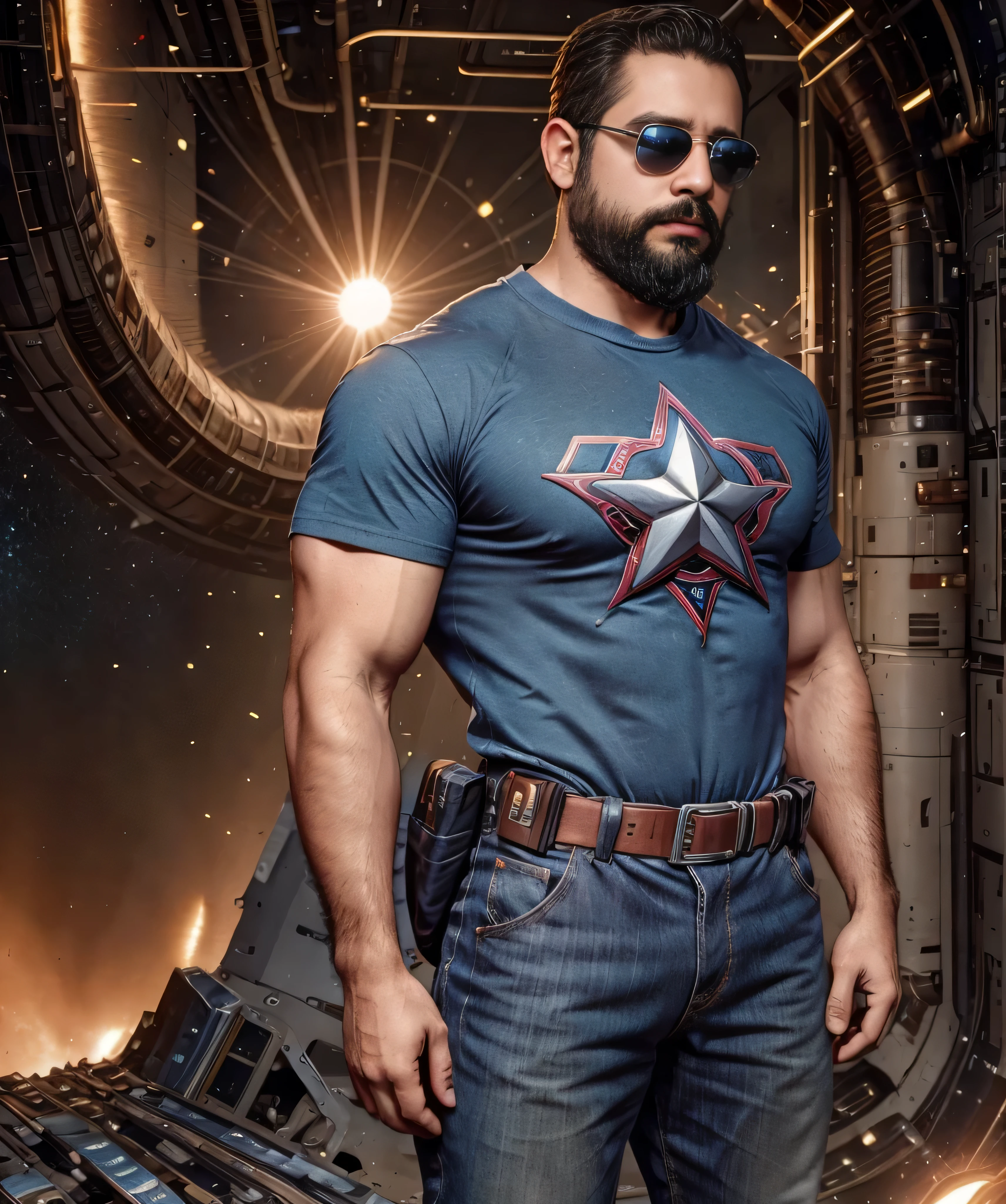 Obra maestra, desenfoque de campo, Parte superior del cuerpo, Hands in pants pockets, 38 year old chubby man with beard and square sunglasses.. Man in superhero t-shirt in a space movie with a sunburst in the background.