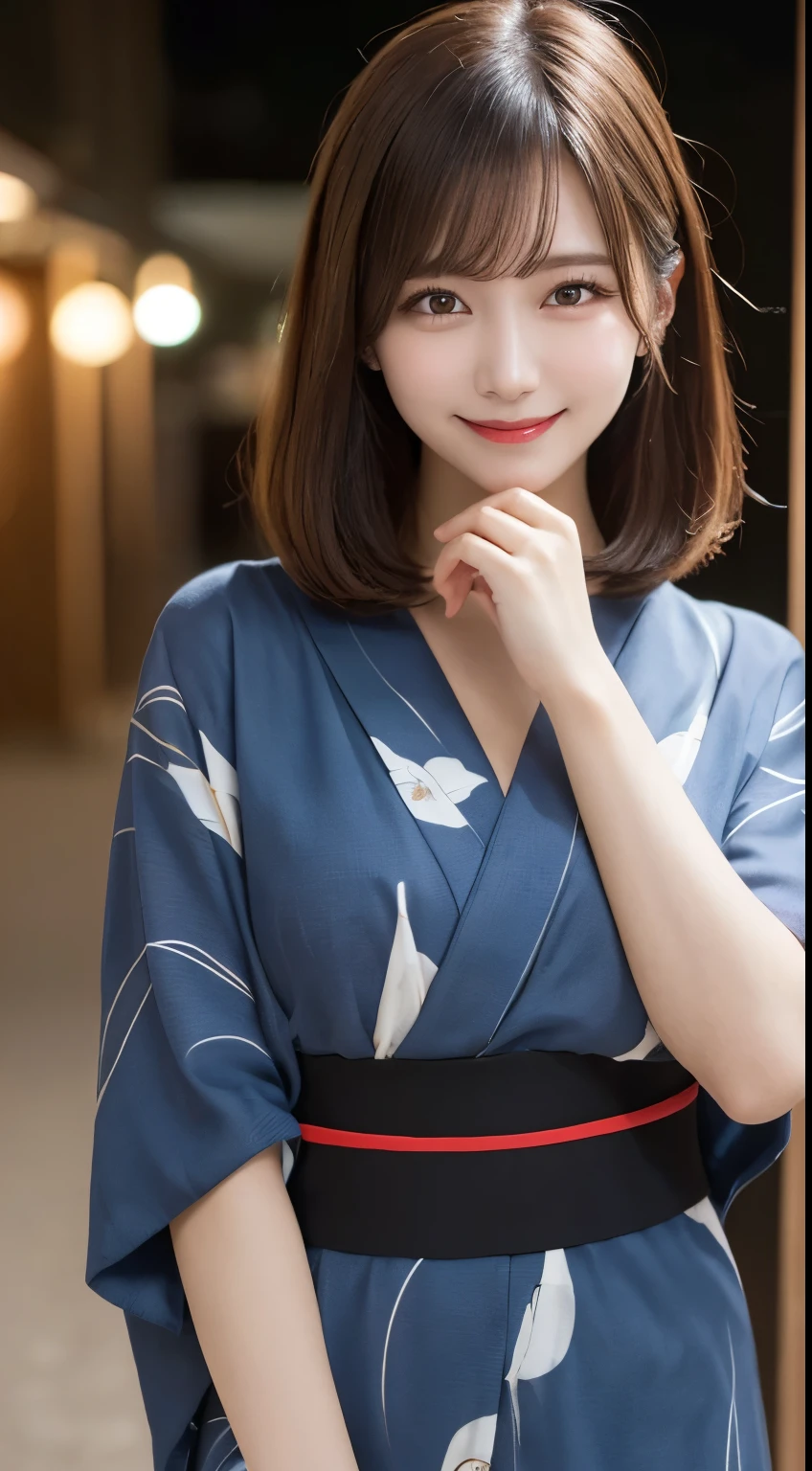 whole body, highest quality, figure, Very detailed, In detail, High resolution, 8k wallpaper, Perfect dynamic composition, Beautiful fine details, yukata,Medium Hair, Center of chest, Natural color lip, Random sexy poses,smile,Night stalls,Flower Hair Ornaments,smile,looking at the camera,