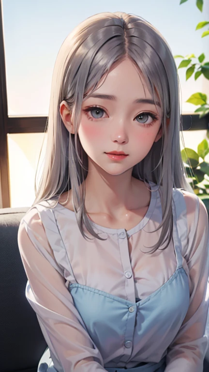 Blushing lightly and smiling, (Top quality masterpiece:1.2) Delicate illustrations, Very detailed, /Beautiful woman Japan in her 30s、1 person,Very cute and slim、Excellent style 、((8K images、super high quality))、Very delicate face, Skin and slightly damp hair、beautiful forehead、Red lipstick,(((((long hair、Gradient Hair、Silver Hair))))),Very cute Japanese cut face、Eyes and nose are clearly visible、Kind eyes,(White shirt、Slightly see-through underwear)、Hotel Rooms、Night view