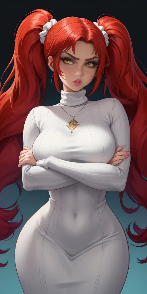 masterpiece, best quality, 1girl, solo, red hair, twintails, very long hair, yellow eyes, turtleneck, ribbed sweater, sweater dress, upper body, parted lips, lips, mature female, curvy, hair scrunchie, huge breasts, looking at viewer, crossed arms