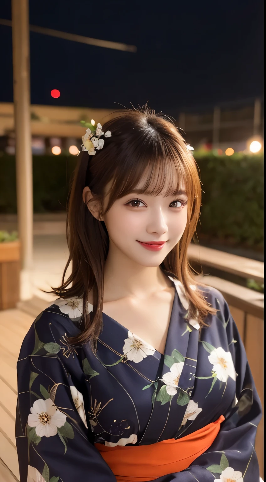 whole body, highest quality, figure, Very detailed, In detail, High resolution, 8k wallpaper, Perfect dynamic composition, Beautiful fine details, yukata,Medium Hair, Center of chest, Natural color lip, Random sexy poses,smile,Night stalls,Flower Hair Ornaments,smile,looking at the camera,