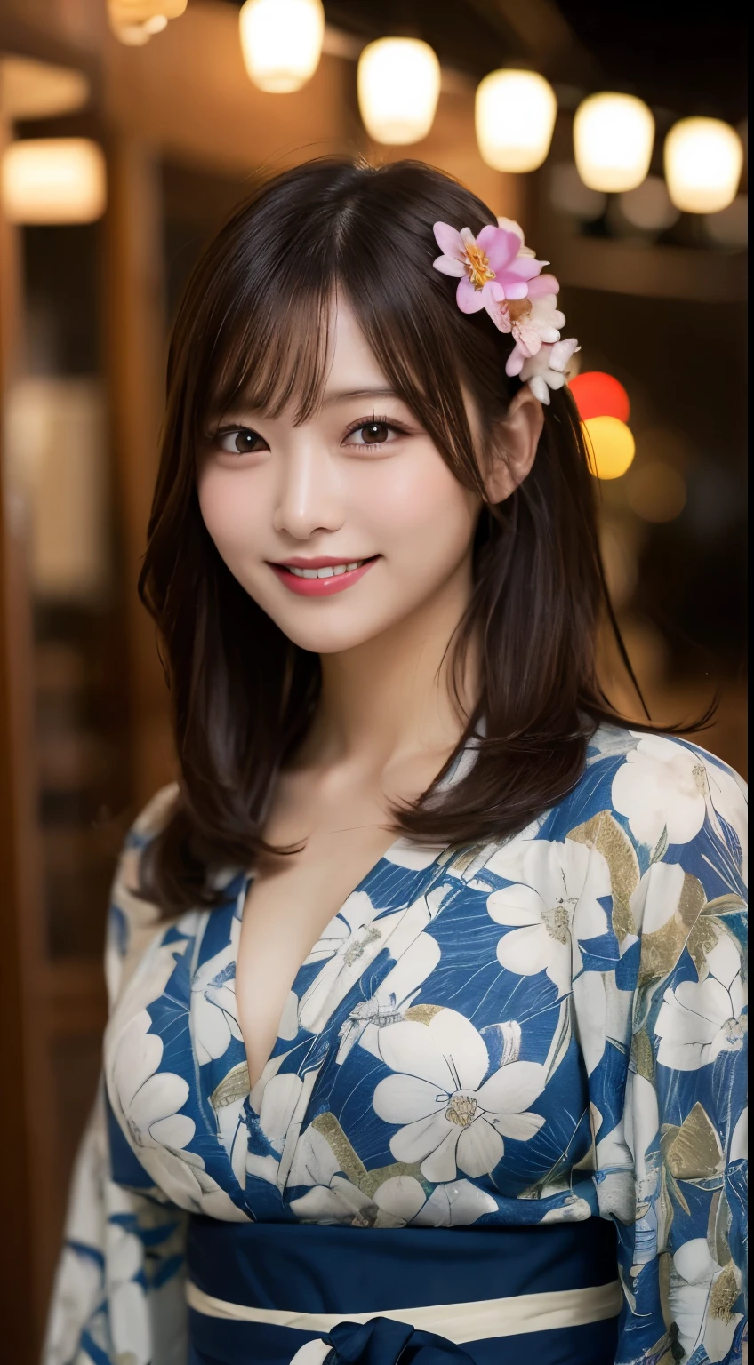 whole body, highest quality, figure, Very detailed, In detail, High resolution, 8k wallpaper, Perfect dynamic composition, Beautiful fine details, yukata,Medium Hair, Center of chest, Natural color lip, Random sexy poses,smile,Night stalls,Flower Hair Ornaments,smile,looking at the camera,