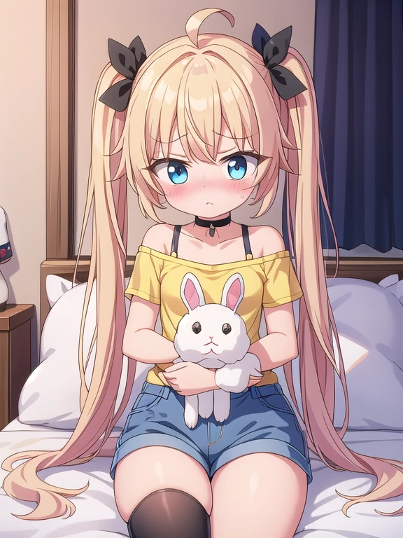 ((highest quality)), ((masterpiece)), (be familiar with), perfect face, long hair, twin tail, blonde hair, (((toddler))), off shoulder, (black underwear on yellow T-shirt), open eyes wide, empty eyes, blue eye, black ribbon on head, black choker, ((upset)), ((blush)), ((flabbergasted)), from front, bed room, flustered, (((small breasts))), lying, ahoge, strangulation, sit, (rigid denim), black thigh-high socks, ((holding a stuffed rabbit doll)), hide your face, looking away