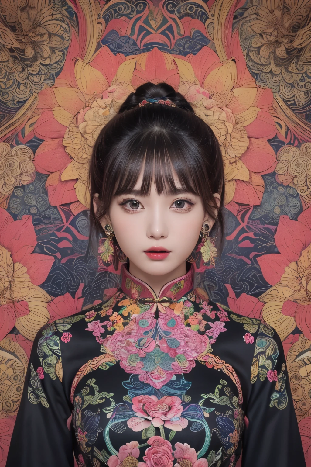 (masterpiece, top quality, best quality, official art, beautiful and aesthetic:1.2), (1girl:1.3), extremely detailed,(fractal art:1.1),(colorful:1.1)(flowers:1.3),highest detailed,(zentangle:1.2), (dynamic pose), (abstract background:1.3), (black chinese dress:1.4), (shiny skin), (many colors:1.4), ,(earrings:1.4),big eyes