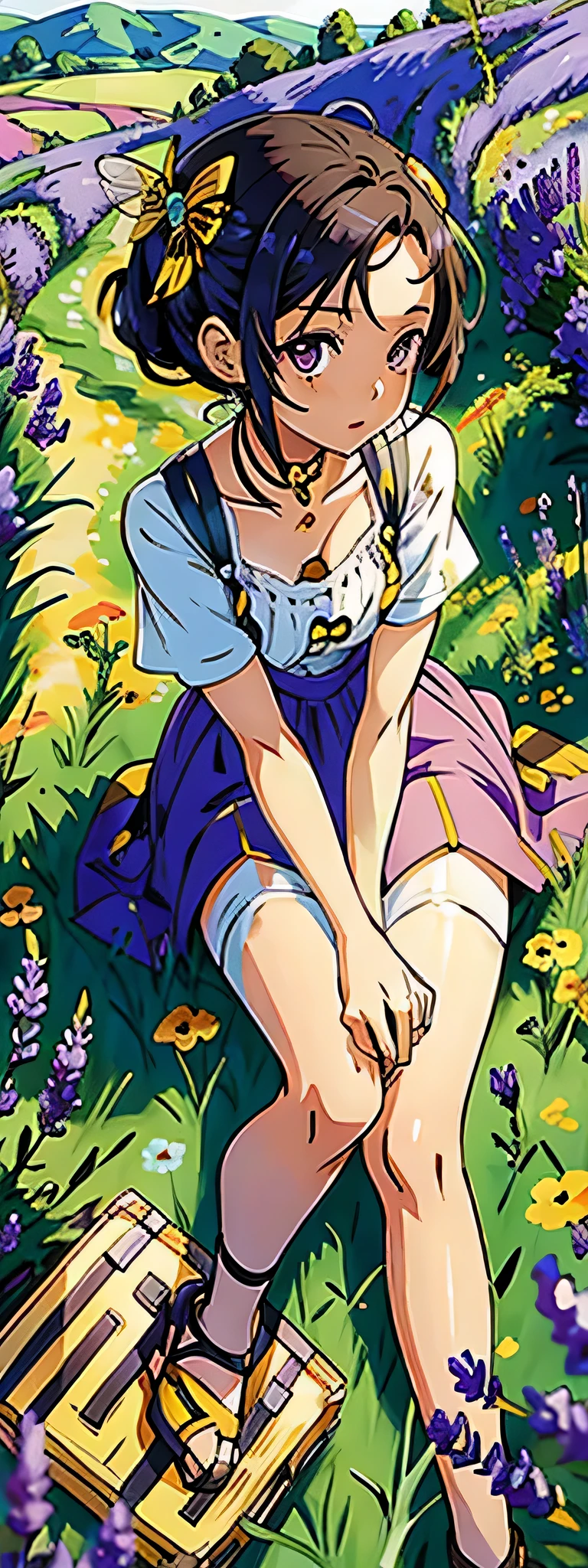 cute anime perto rican bee girl in a lavander field with honey bees 