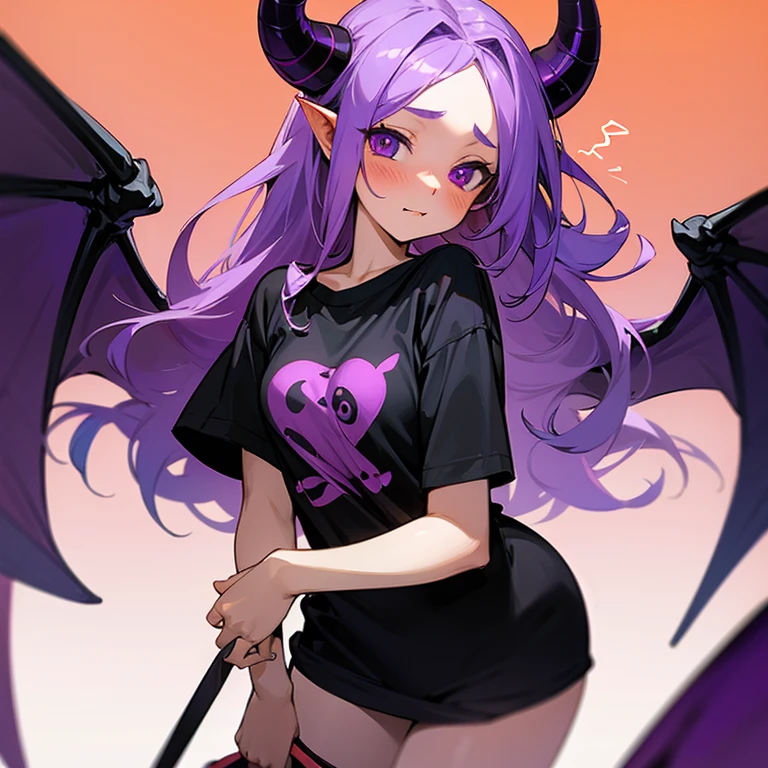 Young succubus. Horns. No wings. Shy. Blush. Teenage. Purple hair. Large . Panties. T shirt