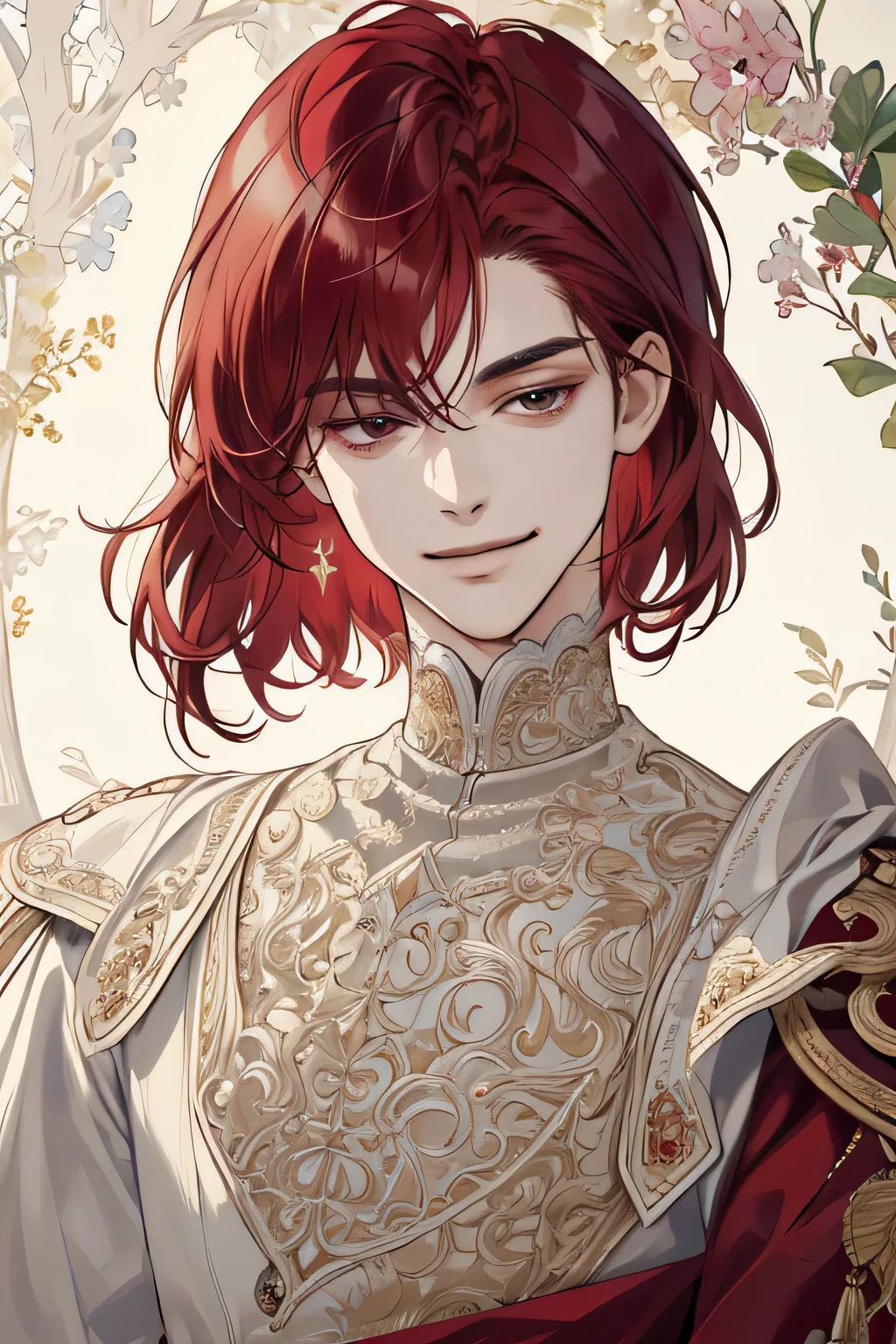 (extreamly delicate and gentle:1.2), 8K,(masterpiece:1.0),(best_quality:1.0), 1 boy, and intricate detailing, Enlarged textures, and intricate detailing, finely eye and detailed face, and intricate detailing, maroon red long short Hair, (smirk mouths), Perfect eyes, Equal eyes, black eyes ,sharp eyes (A male god) 
