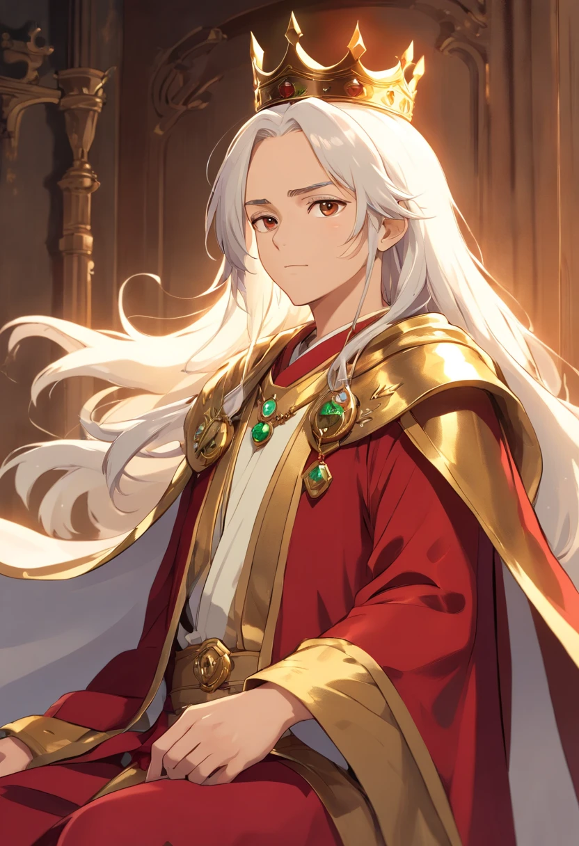 (((((male))))), masterpiece, Super detailed, 8K Portrait, original photo, Portrait, The face is rich in detail, ((fantasy)), (((elder))), (((king))), ((crown)), Wore a lot of jewelry, Long wavy white hair, Thick beard, (((Gold long cape))) Blowing in the wind, (((Crimson robe))), Next to the throne, noon sun, Surrealism, Strong body, In the larger audience room, Ambient Lighting, Shadow Detail , The camera focuses on the face, Gale, light mist