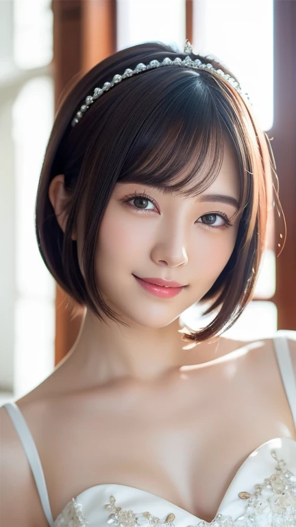 (highest quality:1.5), (Realistic:1.5), (1 person:1.5), (Upper Body:1.5), Very detailed, High resolution, 8k wallpaper, , Small breasts, Natural color lips, Cute Smile, Japanese women, 20-year-old girl, Beautiful and elegant face, Perfect and beautiful face, Big eyes, Brunette's eyes, Beautiful and elegant face, Perfect and beautiful double eyelids, Natural Bangs, Beautiful thin nose, Beautiful Skin, chestnut brown hair, Medium Bob Hair, Shortcuts, Natural Bangs, Perfect and beautiful face, Slim face and figure, (looking at the camera), Bright lighting, Professional Lighting, Forward lighting, Natural smile, church, princess-Line wedding dress, tiara、Cleavage、