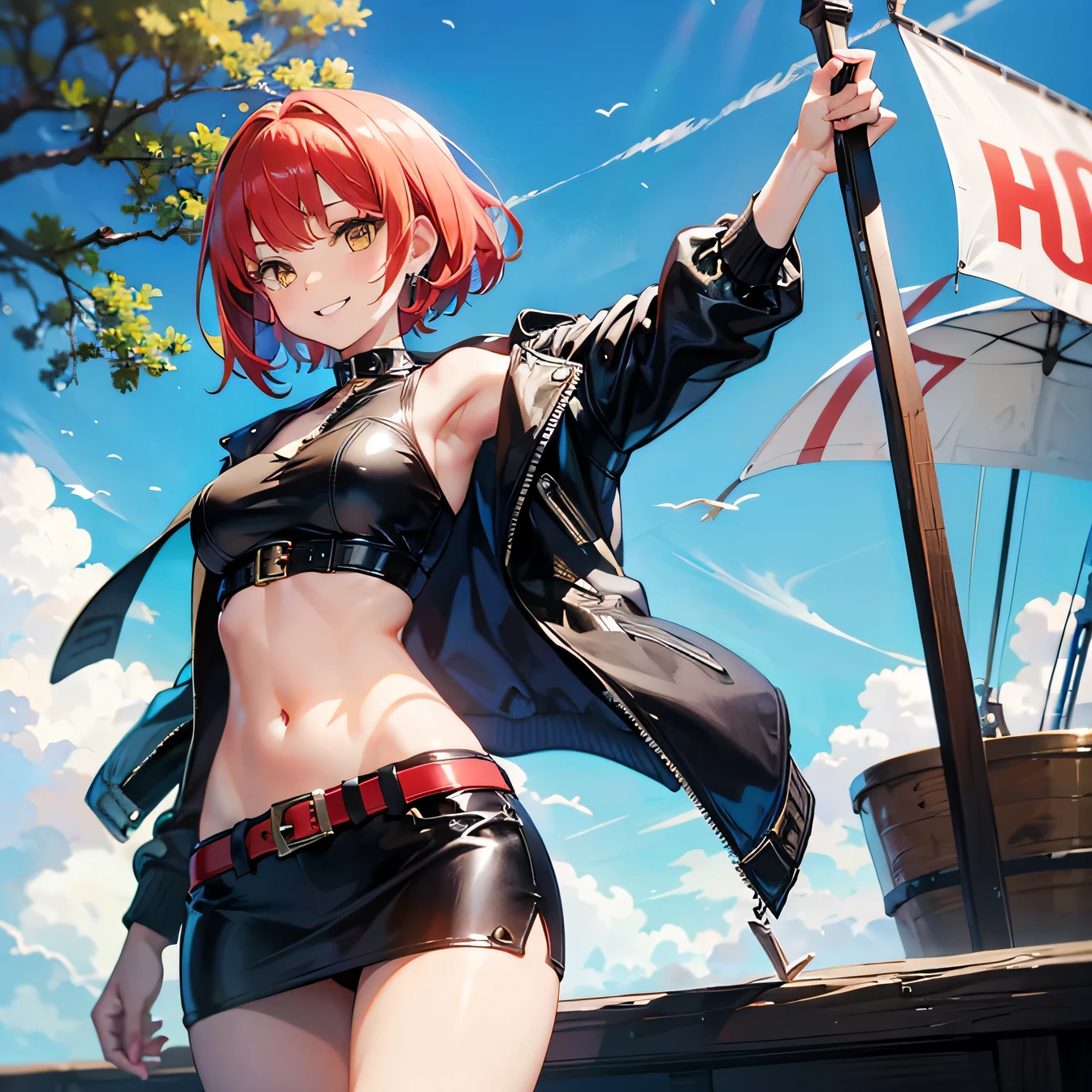 Anime Moe Art Style,highest quality,High resolution,Anatomically correct,One Girl,Twenty generations,tall,Model Body Type,Red Hair,short hair,hair standing on end,Parting her bangs,Yellow Eyes,Tree Eyes,A challenging look,A fearless smile,Smiling with teeth showing,Sleeveless,Wearing a leather jacket open,Belly button,leather tight mini skirt,A dagger is hanging from his waist,Daytime,blue sky,On the pirate ship,16K