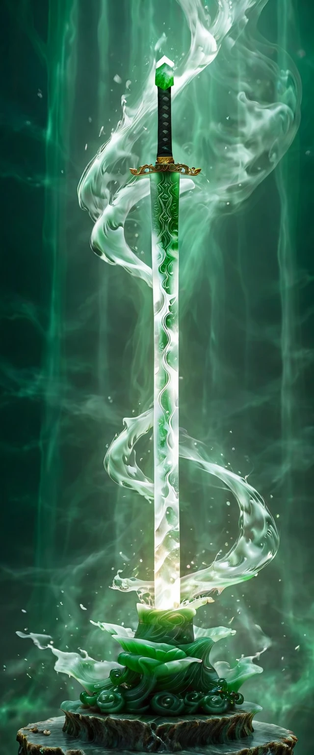 A sword，whole body:1.5，Hanging in the air，Dazzling green jade sword，White smoke on the starry sky background, Great writing, Shining jade sword，light and shadow magic