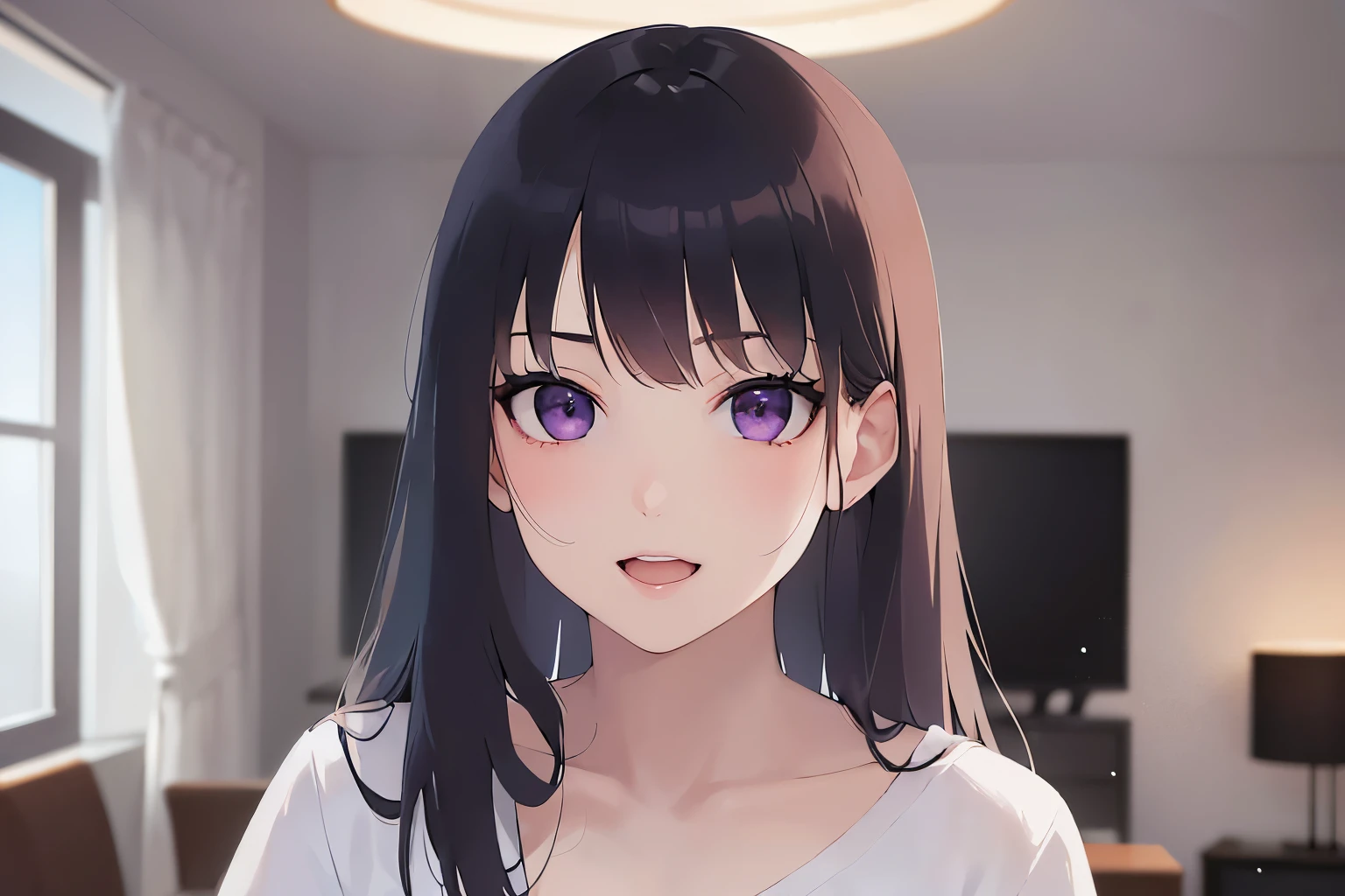 smile, Upper Body, Realistic, real person, (pale skin: 1.2), shiny skin, shiny hair、(A 25-year-old woman with straight hair and bangs) and (medium hair) and (black hair) and (purple eyes) , (white) and (Plain T-shirt) 、Are standing、open mouth, The background is the living room at night、Alone、