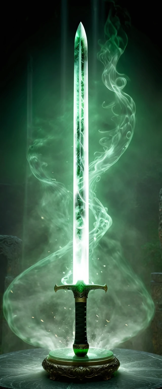 (best quality,4k,8k,highres,masterpiece:1.2),ultra-detailed,(realistic,photorealistic,photo-realistic:1.37),sword,levitating in the air,luminous green jade sword,emitting white smoke in a starry background,impressive craftsmanship,sharp and gleaming jade blade,magical play of light and shadow.