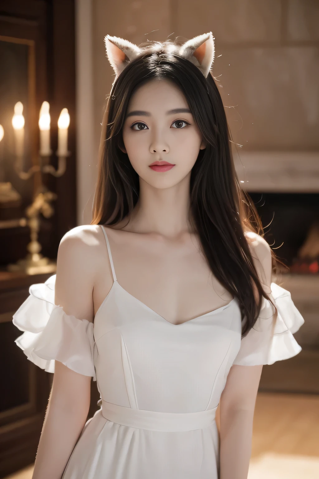 Black Hair, Hair shaking, victory, Long eyelashes, Solid round eye, Fake animal ears, A faint smile, ears red, direction, Surrealism, shadow, Relief, Stereogram, Standing picture, View, Atmospheric perspective, 8k, super detail, precise, best quality,Full body portrait, Seven-hit shooting, 20 years old, Wearing a transparent evening gown, Delicate face, detail, hand, ultimate detail, Stunning magnificence, LED Interior Lighting, Pedepin (fireplace) style, Fiber Hair, Glowing red iris, Glowing red iris. ,