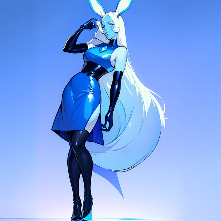 blue diamond(steven universe), (blue skin:1.1)、Dark blue、Shocking blue dress(latex)、Simple dress、White rabbit ears、White tights、Rabbit tail、White hair、short-cut、Simple eyes、white glove、Evil smile、conspiracy、、Sleeveless、piece sign、simple background、Opening Mouth、full body view、  seductive look