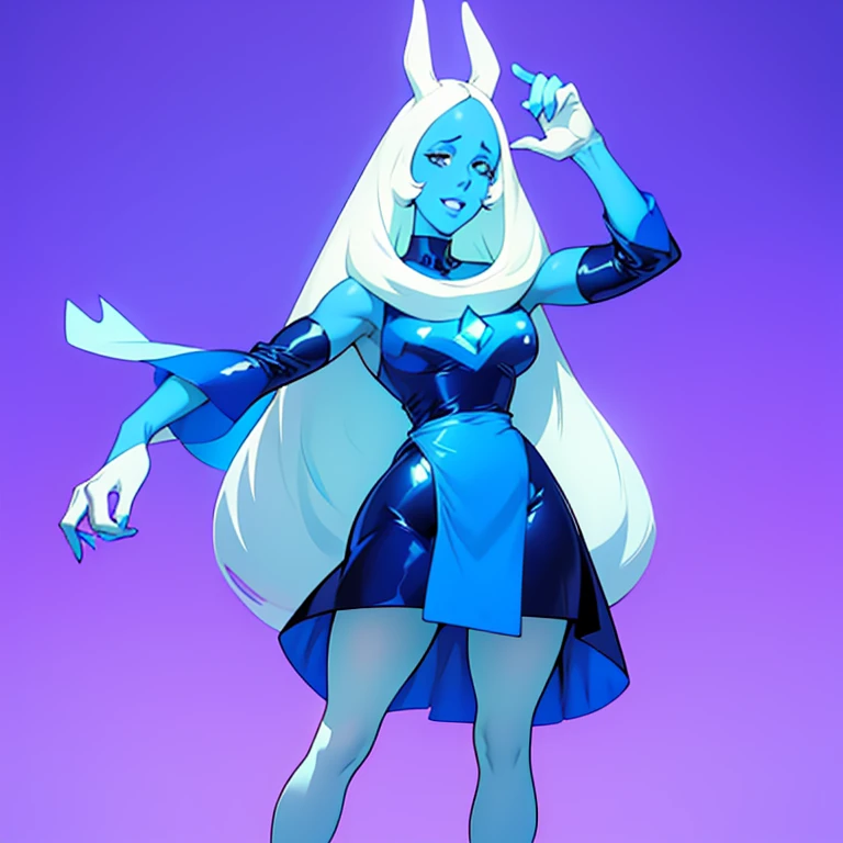 blue diamond(steven universe), (blue skin:1.1)、Dark blue、Shocking blue dress(latex)、Simple dress、White rabbit ears、White tights、Rabbit tail、White hair、short-cut、Simple eyes、white glove、Evil smile、conspiracy、、Sleeveless、piece sign、simple background、Opening Mouth、full body view、  seductive look