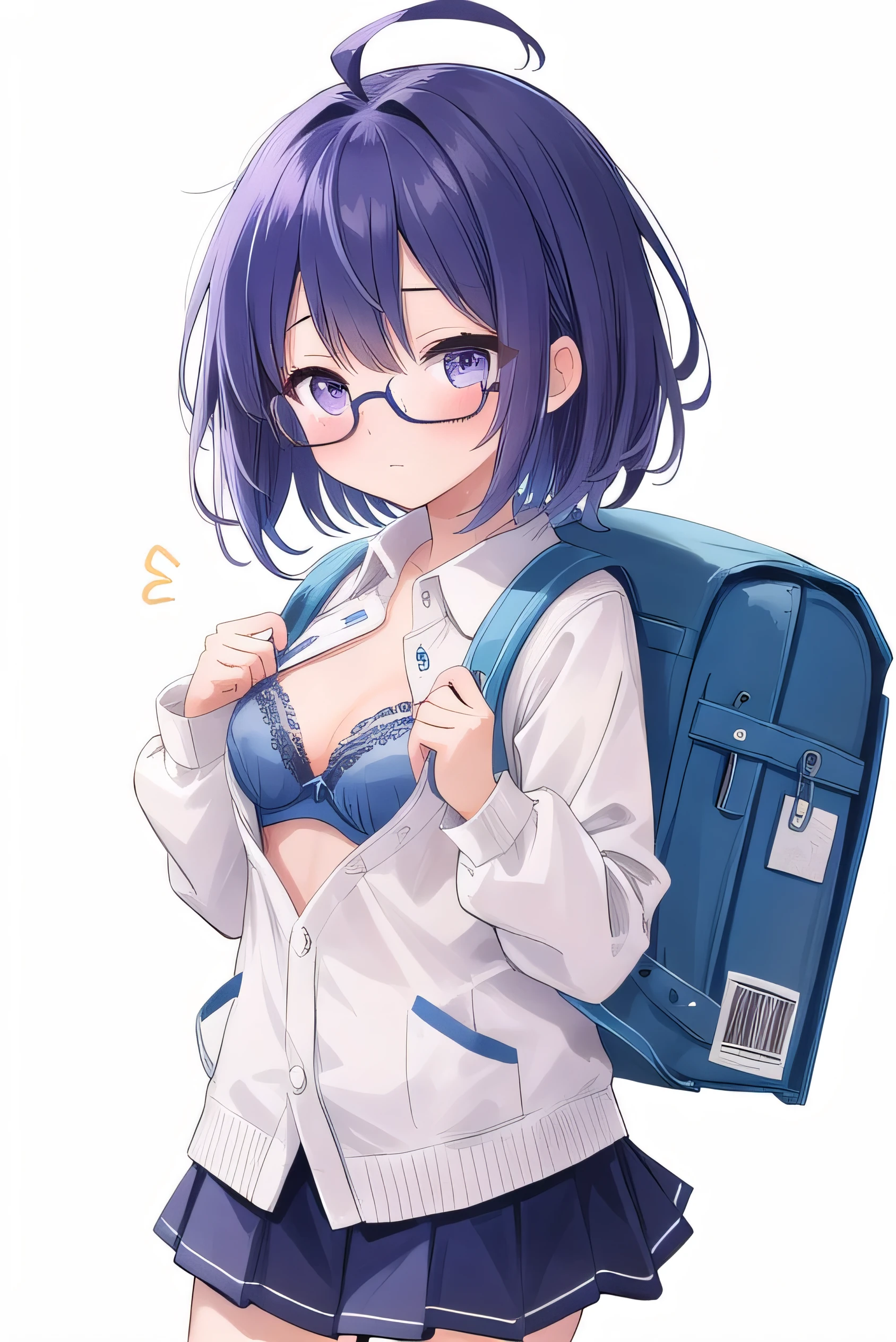 Purple hair, gray eyes, white , navy blue miniskirt, , short, short long hair, kind expression, shy, backpack, almost no breasts, slightly exposed. hair,(flipped hair ), flipped hair, long sleeves, ahoge, girl alone, flipped hair, flipped hair, flipped hair, flipped hair, glasses with no edges, embarrassed, her bra is visible