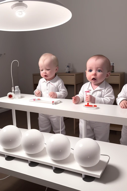 Image 3D, several white  in a clandestine scientific laboratory in a probe, laboratoire secret, les bébé pleure avec des yeux rouges, chacun dans une capsule, image 16:9, les bébé sont tous sur une table d'opération plans 2D, dark room my few lamps lit 