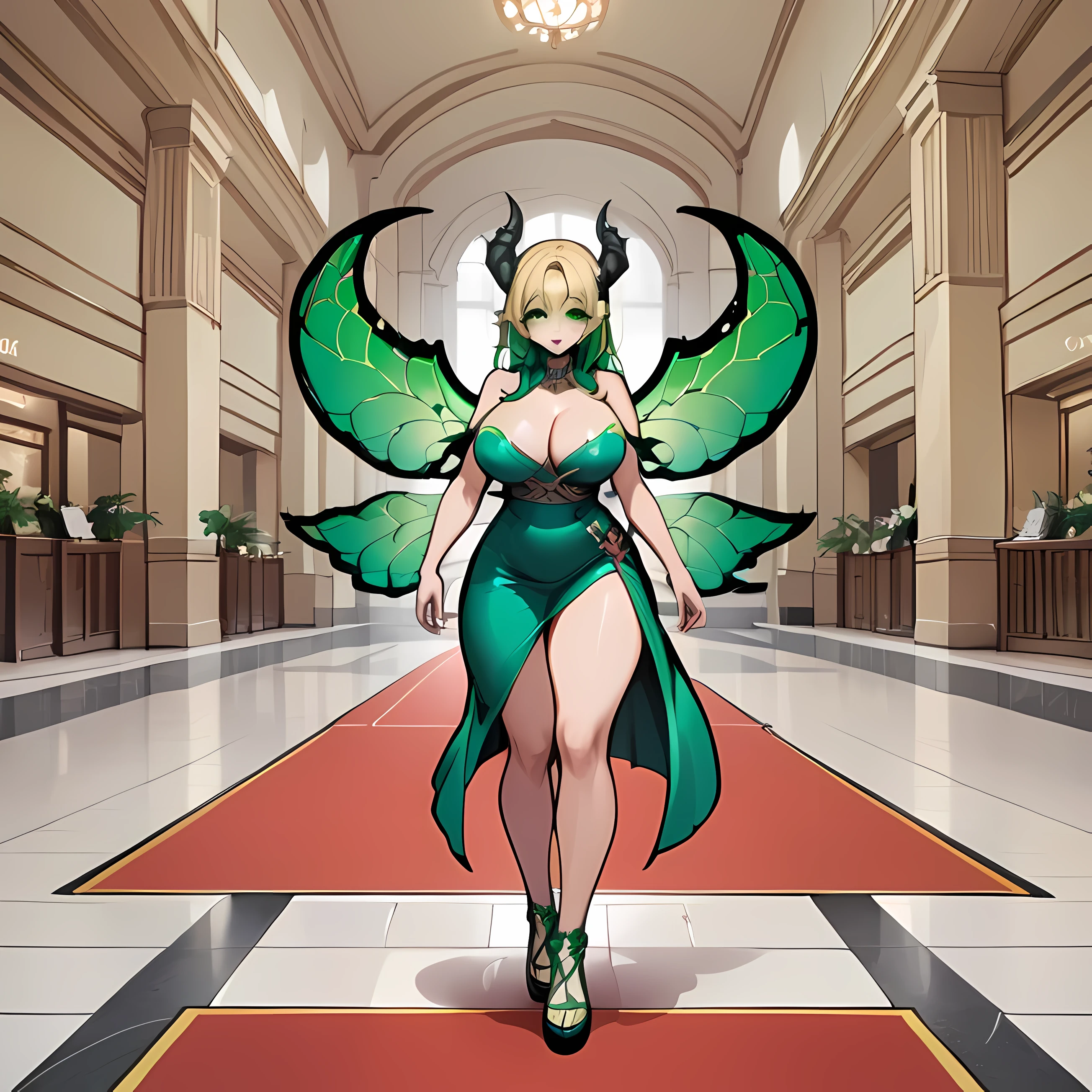 ((best quality)), ((masterpiece)), ((high resolution)), (high quality face), ((upscale face)), ((full body)), (high quality body), ((Anime style beautiful girl)), ((18 years old)), ((horns)), ((black tail)), ((very big breasts)), ((cleavage)), green short skirt, blonde colored hair, (high quality eyes), green eyes, upscale eyes, green colored lips