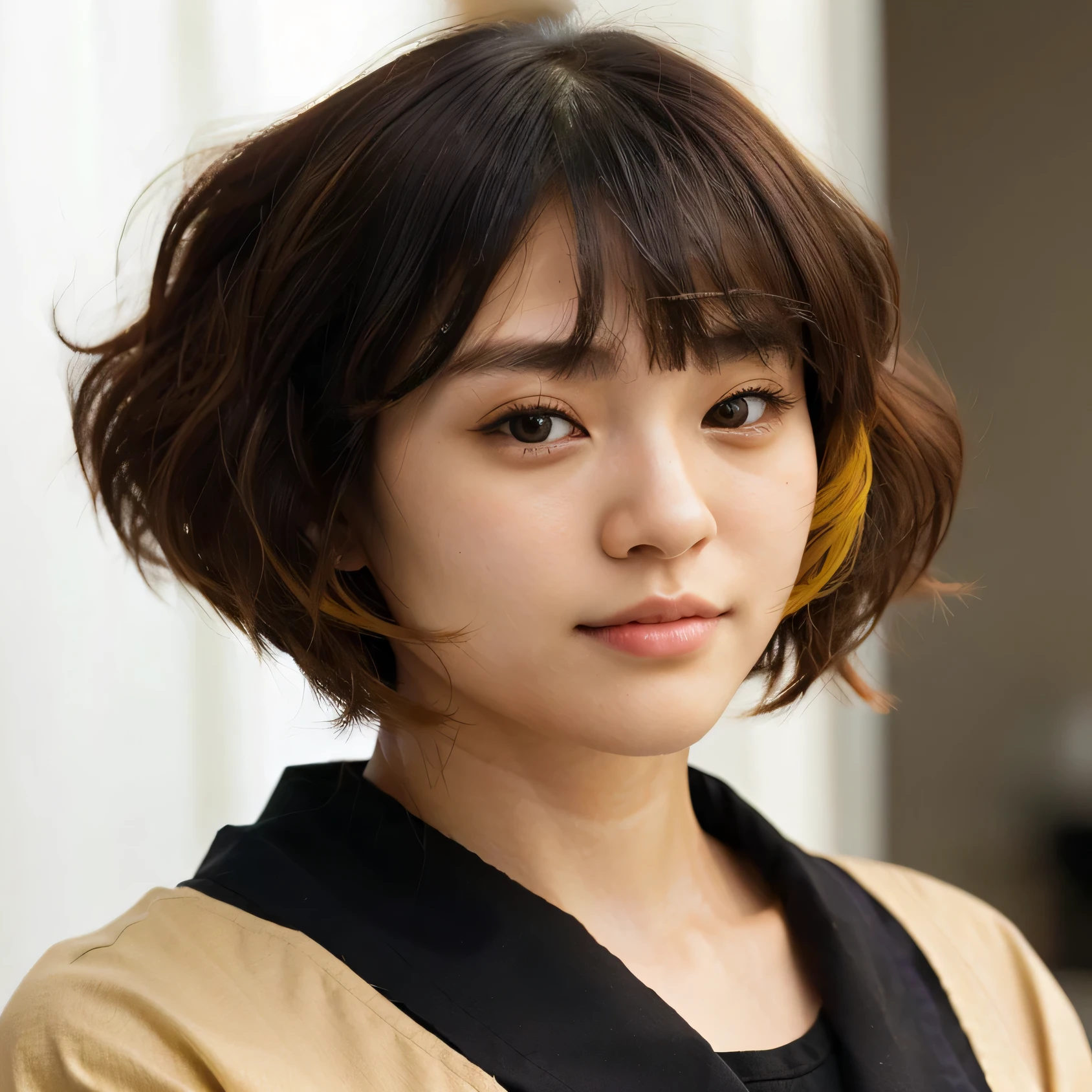 a close up of a woman with a brown jacket and black shirt, with long hair, beautiful japanese girls face, girl cute-fine-face, with short hair with bangs, with cute - fine - face, short - medium length hair, portrait cute-fine-face, black hime cut hair, young adorable korean face, young cute wan asian face, japanese facial features, little bit yellow hair, purple eyes