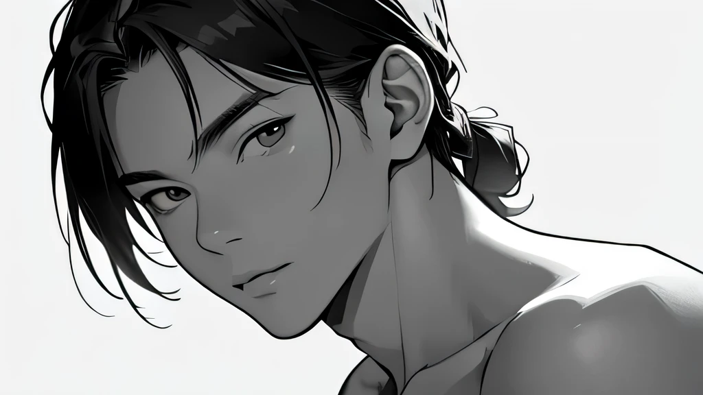 Monochrome　Line only　No background Monochrome　Monochrome　handsome japanese　19 years old　Looking directly at the camera　up　Upper body naked　no background　Background is white