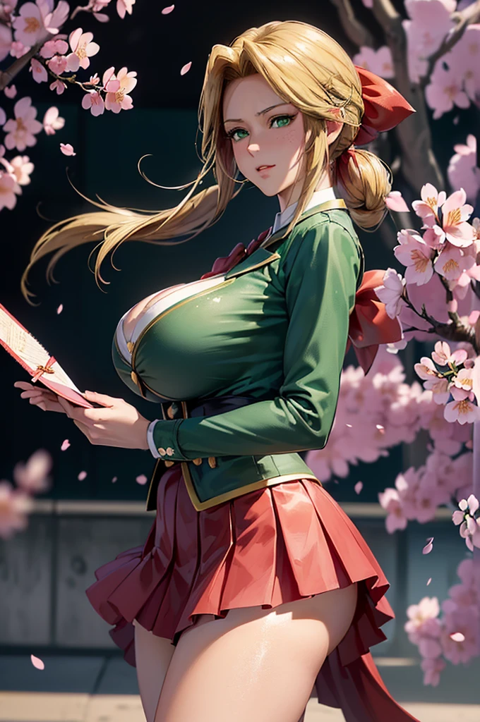 A silly smile is the face we want.(handing over a love letter:1.7)((woman,Huge , (Huge breasts:1.5),とても唇が赤いHuge breastsを強調,Big Ass,Narrow waist,Long legs,Green Eyes立っている)) 8k((((Anime Style),(The facial expression is good:1.1))))8k(((((Anime Style)Green Eyes)))) 8k((Standing at the station))8k((Waiting for a train at the station))8k((Morning))8k((Beauty))((学生blazer15歳学生服 緑のネクタイ, blazer, Pleated skirt))8k(((((spring,cherry blossoms,The wind is blowing,Her skirt is flipped up,cherry blossomsが散っている:1.1)))))