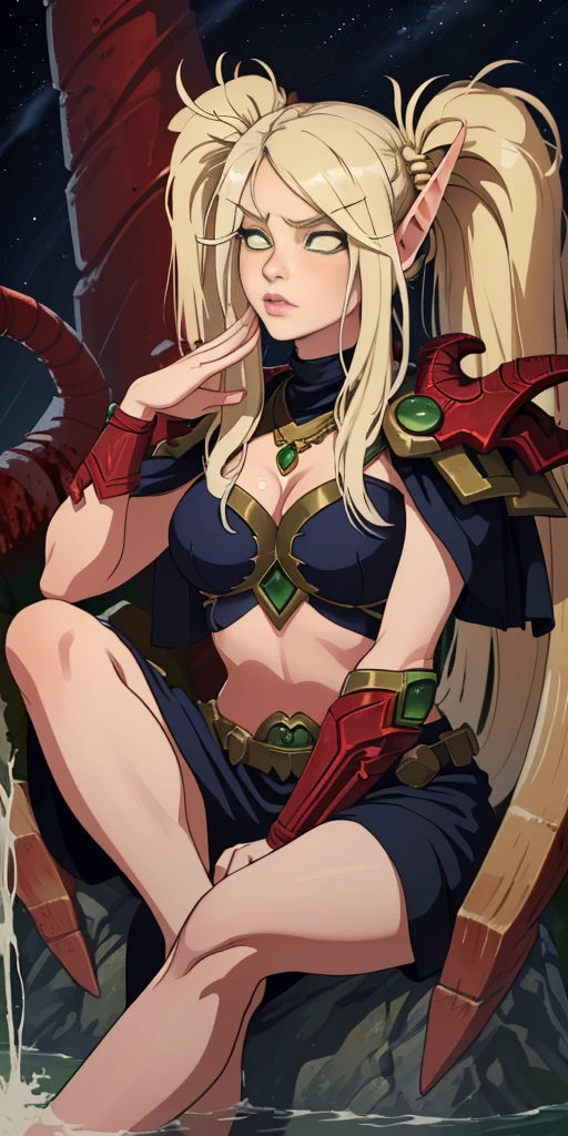 (1girl, blonde hair very long hair low twin tails, spiral eyes, (spiral wash eyes:1.2), facepalm) (digital) (crossed legs Indian style in detailed drydock, (Toga)) , best quality, blonde hair, green eyes, armor, blood elf,