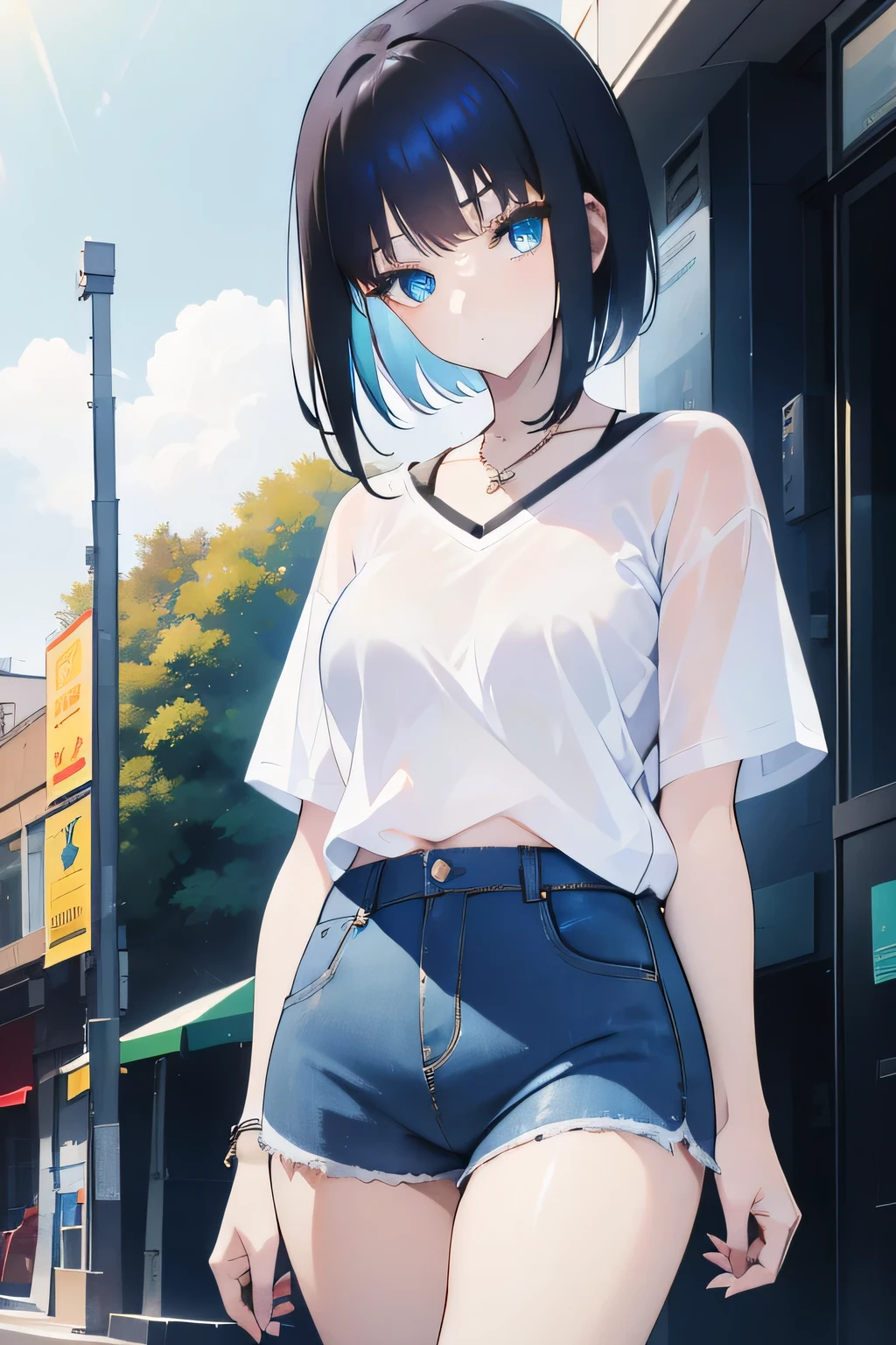 1girl, short black hair, blue eyes, wearing plain white shirt, denim shorts, city, absurdres, high res, ultrasharp, 8K, masterpiece, looking at viewer
