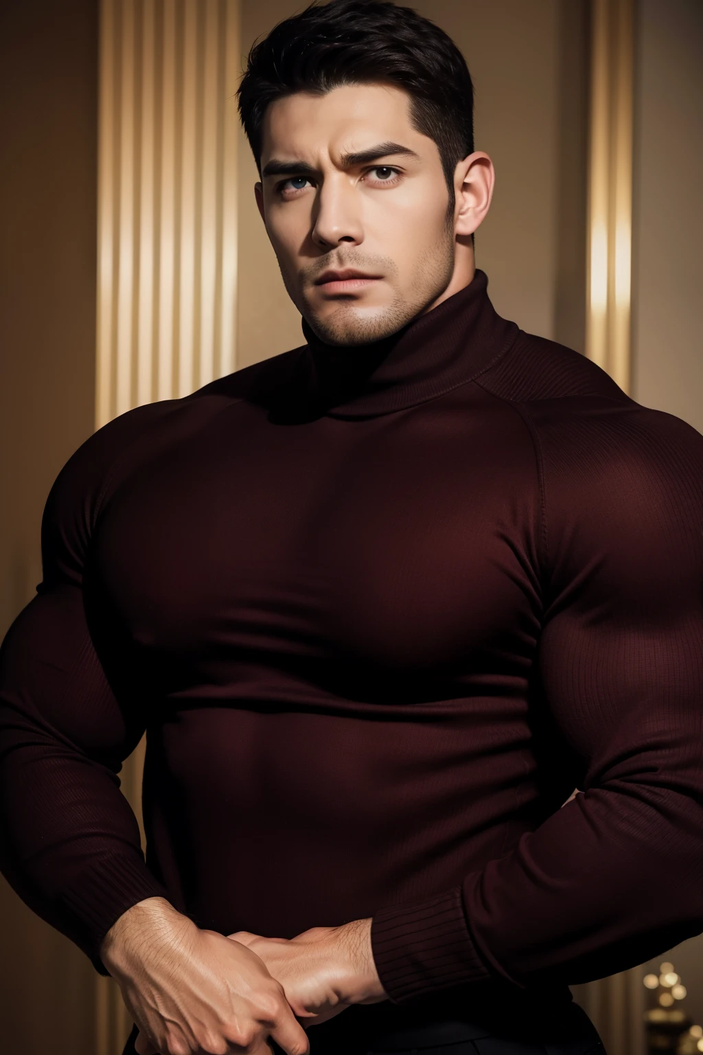 Muscular security guard with open mouth，Chris Redfield，He wears a long-sleeved turtleneck sweater，He had sad eyes in his eyes，Grievanced frown，Emerald charming eyes，Tall and burly，musculous！Tall, Burly and strong， Extremely detailed depiction of faces，Exquisite facial features，super gain and cool， commission for high resolution， Attractive strong men，Luxurious warmth in burgundy tones，He was in the luxurious living room