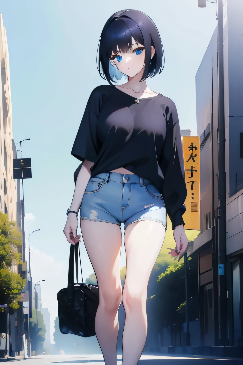 1girl, short black hair, blue eyes, wearing plain white shirt, denim shorts, city, absurdres, high res, ultrasharp, 8K, masterpiece, looking at viewer


