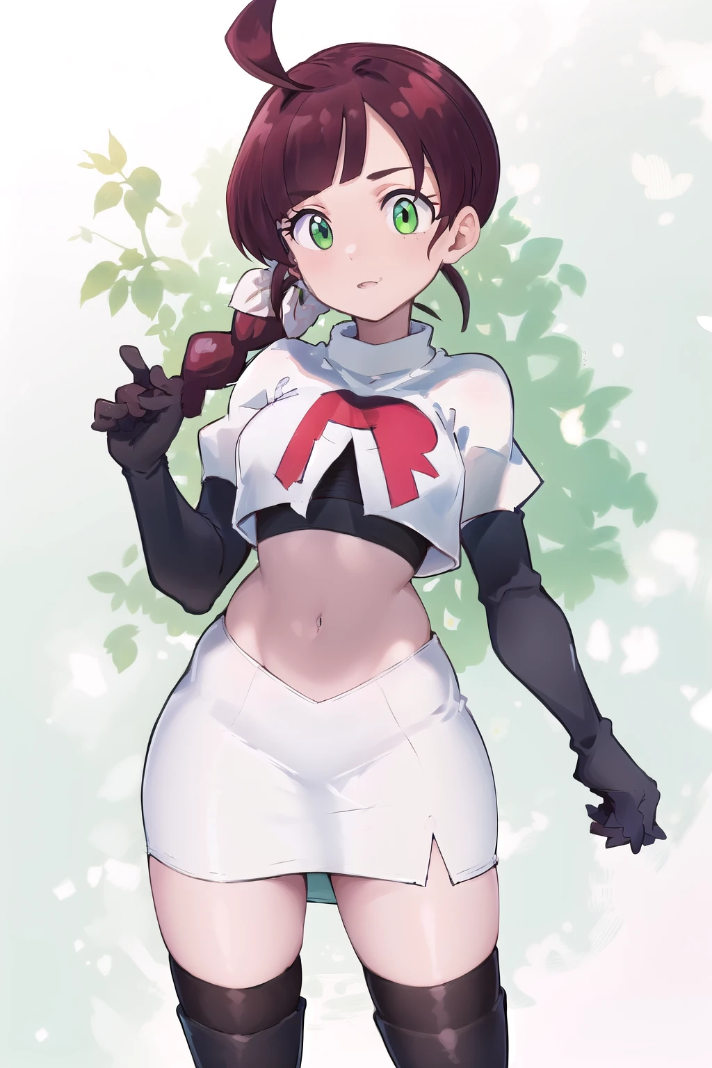 masterpiece, best quality, highres,green eyes,chl1, 1girl, braided_ponytail, (ahoge:1.1), eyelashes, team rocket,team rocket uniform,white skirt,red letter R,crop top,black thigh-highs,black elbow gloves