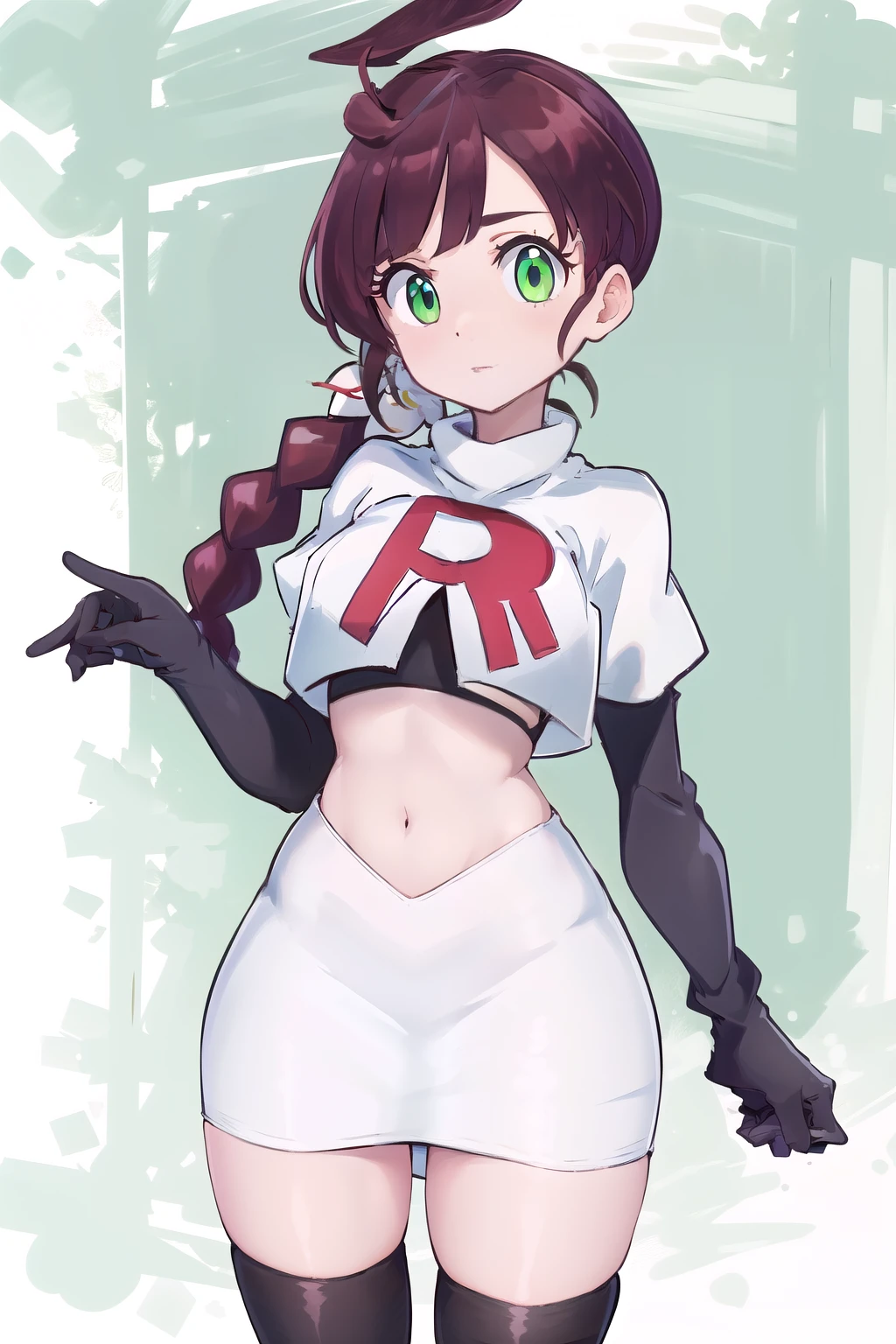 masterpiece, best quality, highres,green eyes,chl1, 1girl, braided_ponytail, (ahoge:1.1), eyelashes, team rocket,team rocket uniform,white skirt,red letter R,crop top,black thigh-highs,black elbow gloves