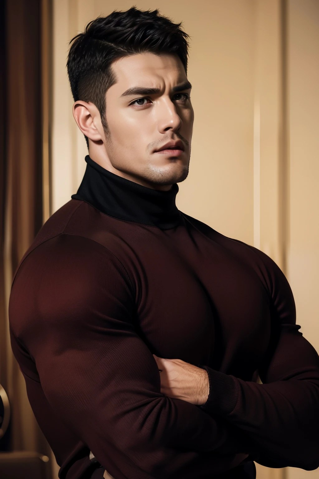 Muscular security guard with open mouth,Chris Redfield,He wears a long-sleeved turtleneck sweater,He had sad eyes in his eyes,Grievanced frown,Emerald charming eyes,Tall and burly,musculous!Tall, Burly and strong, Extremely detailed depiction of faces,Exquisite facial features,super gain and cool, commission for high resolution, Attractive strong men,Luxurious warmth in burgundy tones,He was in the luxurious living room