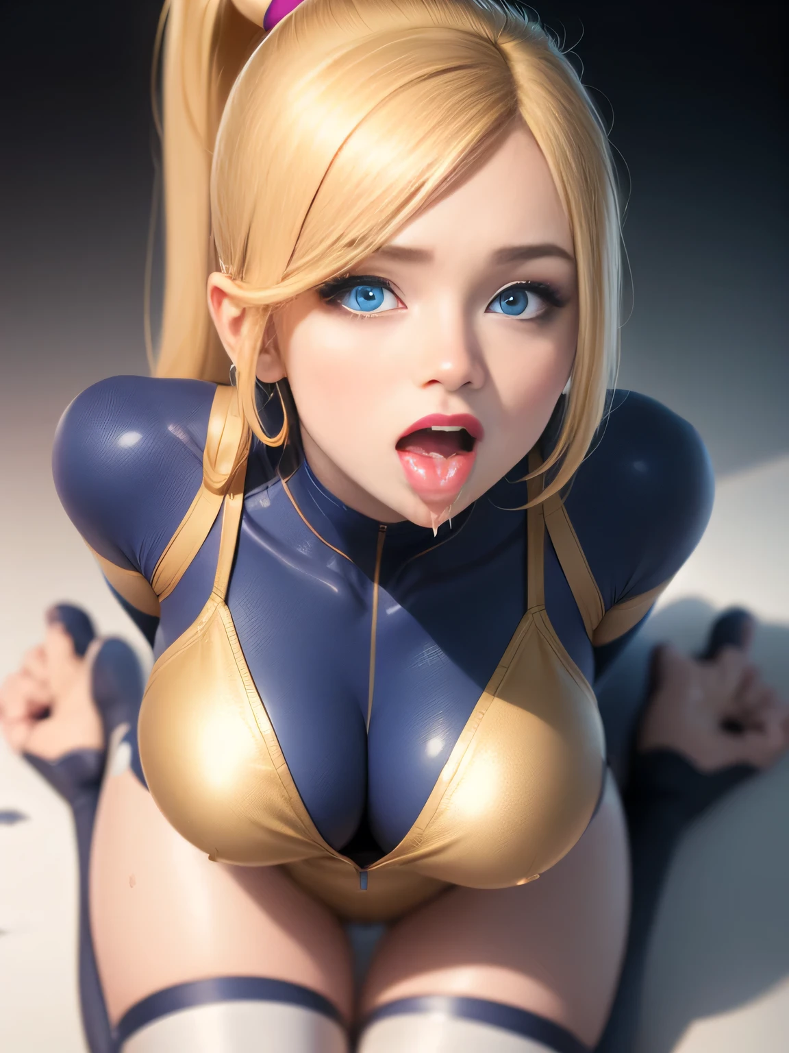 Zero suit samus, blue eyes, stunning proportions, skin-fit body suit, white background, long hair, ponytail, extremely detailed, shiny, full body shot, cleavage, kneeling, pink lipstick, sleeveless, in love with the viewer, ((tongue out, open mouth, saliva, drool)), pov, thighhighs, from above, looking up, sweating, wet, blush, gold accents