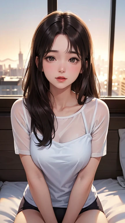 Blushing lightly and smiling, (Top quality masterpiece:1.2) Delicate illustrations, Very detailed, /Beautiful Japanese Woman、1 person,Very cute and slim、Excellent style 、((8K images、super high quality))、Very delicate face, Beautiful forehead、Red lipstick,(((((Long Hair、Gradient Hair、Brown Hair))))),Very cute Japanese cut face、Eyes and nose are clearly visible、Kind eyes,(White shirt、Tight Skirt)、Night view、Cafe、Date