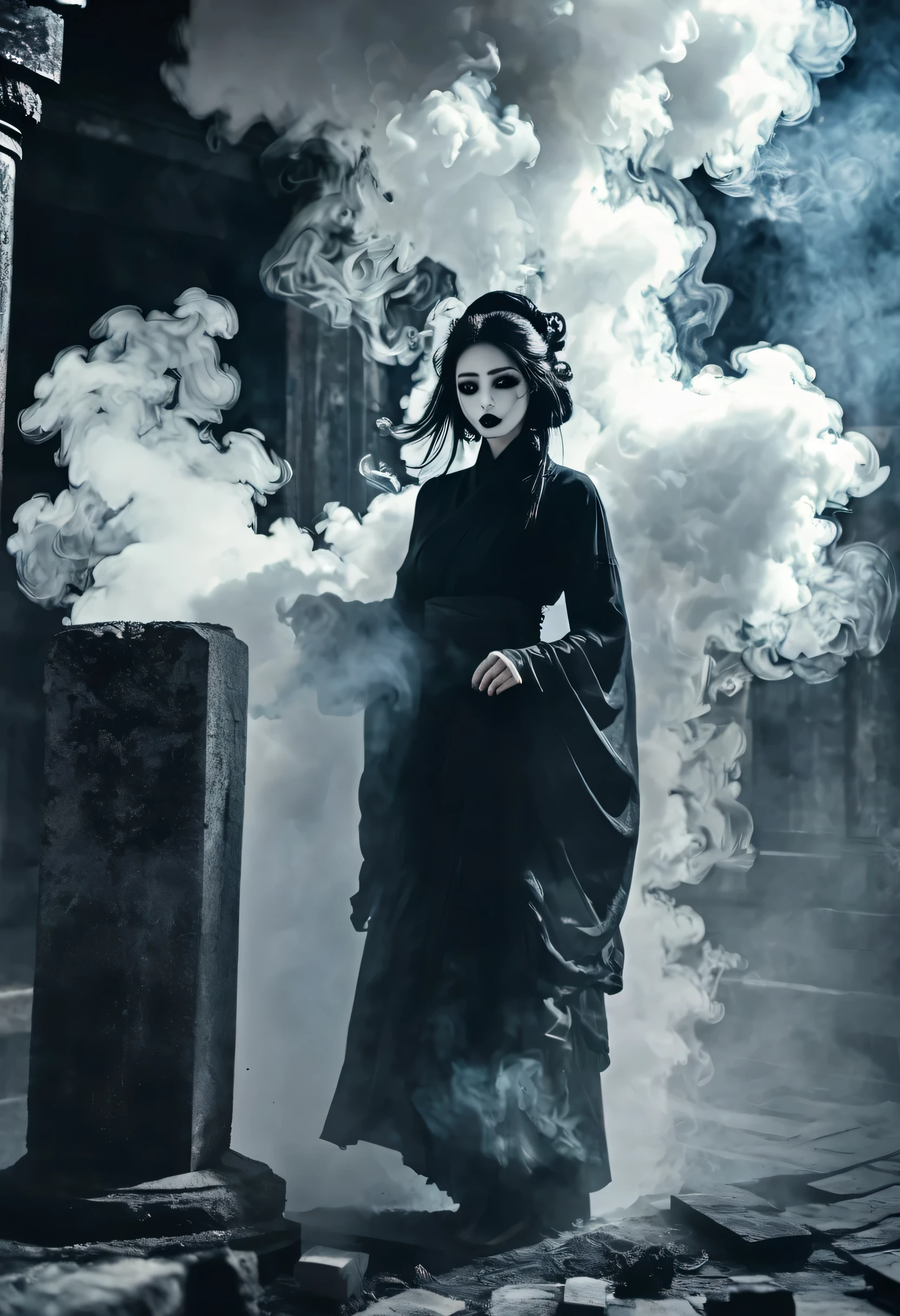 a girl made by smoke, floating around ruined ancient temple, inspired by japanese god, shrine background, japanese, dark, horror vibe, goth,