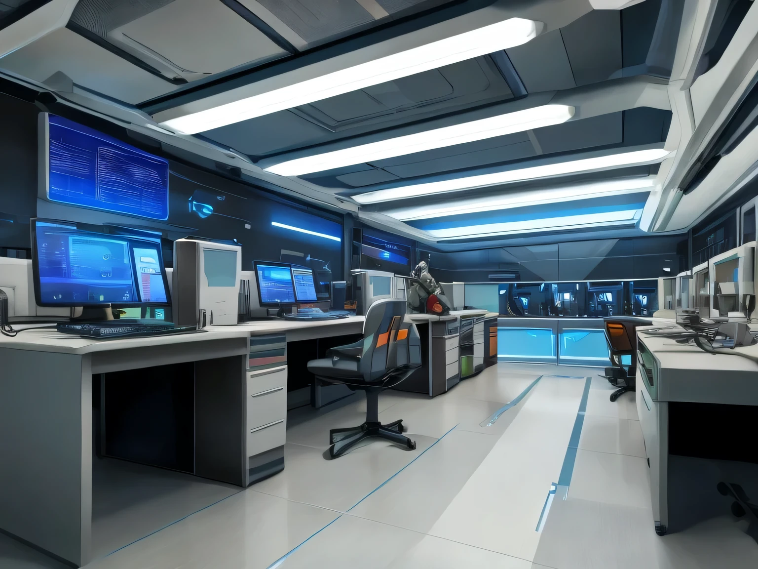 a modern futuristic tech lab with computers and robots