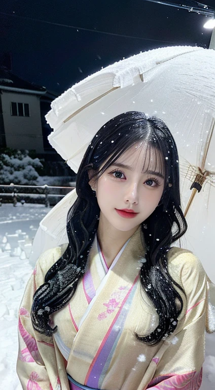 (kimono)、(light makeup)、(highest quality,masterpiece:1.3,超A high resolution,),(Ultra-detailed,Caustics),(Photorealistic:1.4,RAW shooting,)Ultra-Realistic Capture,(32k,High detail,High definition、masterpiece,Attention to detail,),RAW Photos & Realistic atmosphere,,Mouth details,Glossy Lips,Fine eyebrows,With soft white skin that shines in every detail、Detailed eyes)、、 (、 Use natural light and color,One Woman,Japanese,,cute,Black-haired,Middle Hair,(Depth of written boundary、chromatic aberration、、Wide range of lighting、Natural Shading、)、、(Outdoor lighting at night:1.4)、(it's snowing:1.2)、(Hair swaying in the wind:1)、(Snow reflects light:1.3)