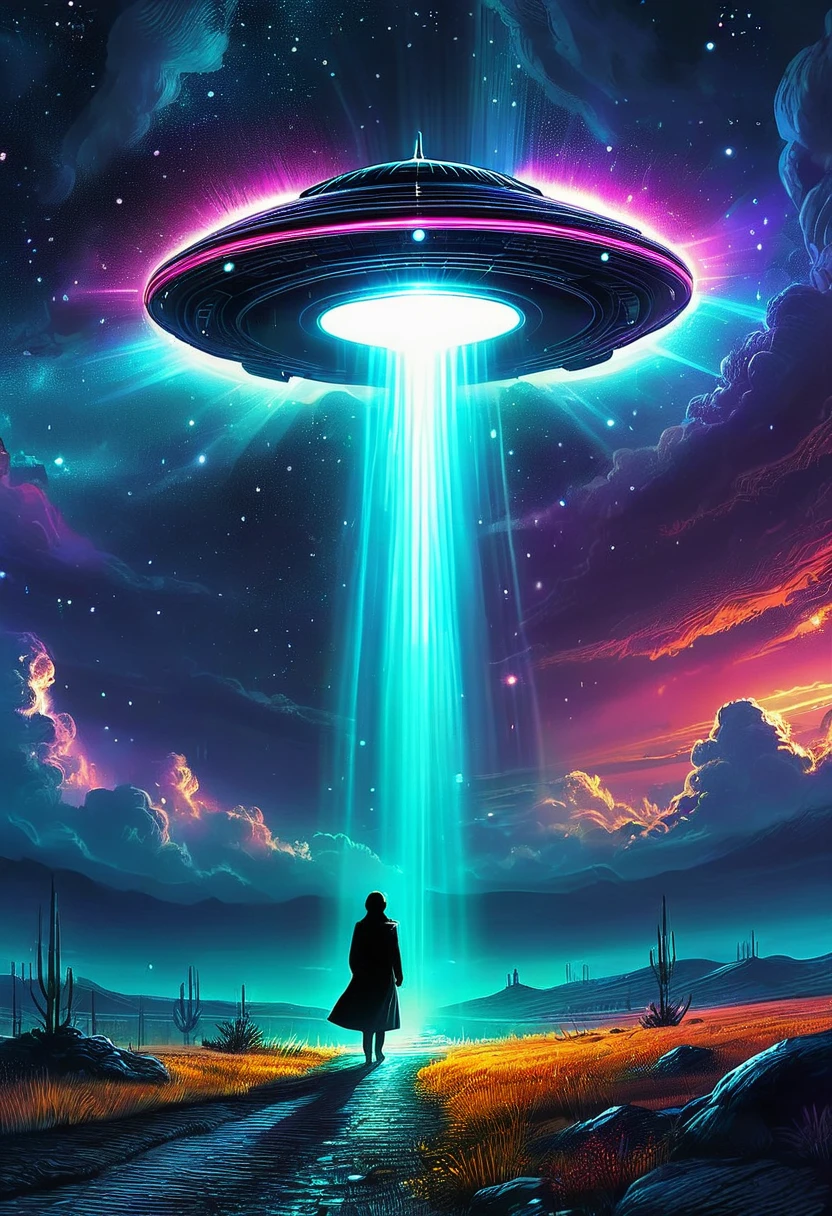 Epic, colorful nighttime scene with a high-resolution, high-quality finish (best quality, highres:1.2). The focus is on a mysterious UFO hovering in the sky, emitting bright lights from its underside. The lights create an ethereal beam that is abducting a human figure on the ground. The scene is enveloped in darkness, giving it a sense of mystery and intrigue. The colors used are vibrant and vivid, enhancing the overall impact of the image. The UFO is designed with intricate details, showcasing advanced technology and a futuristic aesthetic. The beam of light illuminates the surroundings, casting dramatic shadows and adding depth to the composition. The scene is set against a backdrop of a nighttime landscape, with stars twinkling in the sky. The overall lighting is atmospheric and captivating, highlighting the surreal nature of the scene. The combination of vibrant colors, striking lighting, and attention to detail creates an awe-inspiring masterpiece.