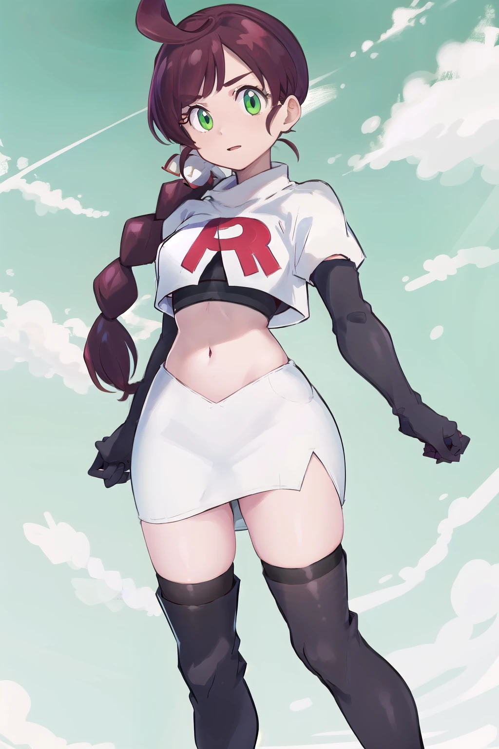 masterpiece, best quality, highres,green eyes,chl1, 1girl, braided_ponytail, (ahoge:1.1), eyelashes, team rocket,team rocket uniform,white skirt,red letter R,crop top,black thigh-highs,black elbow gloves