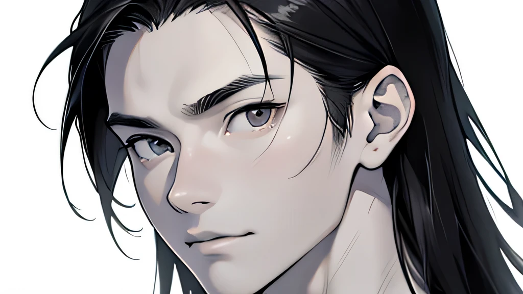 Handsome Japanese 19 years old Ultra Short Black Hair Looking at Camera True Face up Upper body naked no background Background is white full light Front facing True Face Monochrome Drawn screen No neutral colors White skin Pure white skin Black Hair Background white