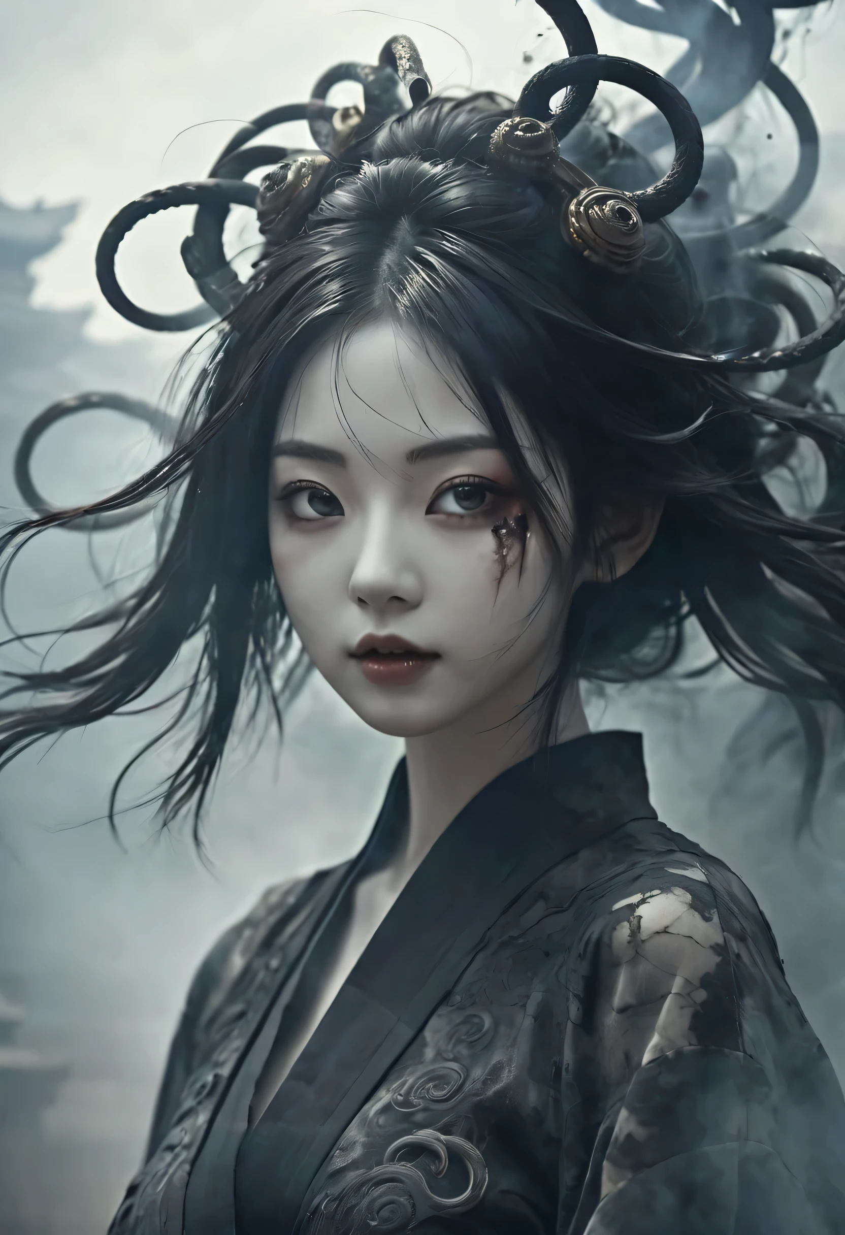 a girl made by smoke, floating around ruined ancient temple, inspired by japanese god, shrine background, japanese, dark, horror vibe, goth, add some snake, mythical god japanese, evil smile, crazy eyes, blindfold, fuji color, high details, high quality, accurate