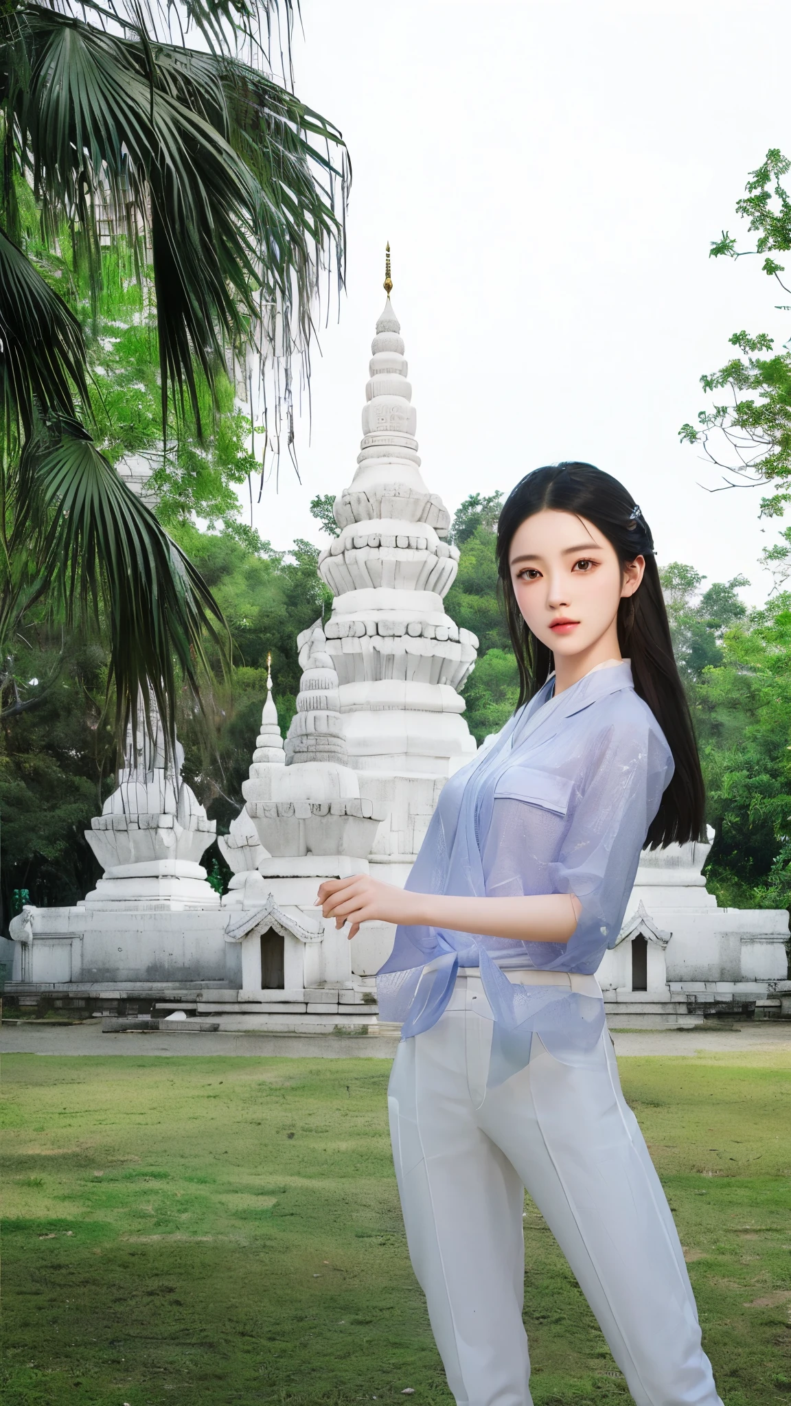 (best quality),(masterpiece),high details,extremely_detailed_CG_unity_8k_wallpaper，there is a woman standing in front of a white building, temples behind her, temple background, anime thai girl, inspired by Sim Sa-jeong, in front of a temple, in style of thawan duchanee, 3d statue!!!, thailand art, 3 d cg, 3d cg, inspired by Lan Ying, realistic maya, in front of the temple
