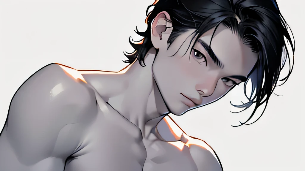 beautiful face like a K-pop idol, korean man, handsome man, shirtless, view from the back, he's looking back at viewer, body tilt, holding a towel near his face, dark hair, intense gaze, muscular physique, sweat glistening on his skin, strong jawline, confident expression, defined abs, toned arms, masculine features, happy expression, at night, dark light, strong contrast