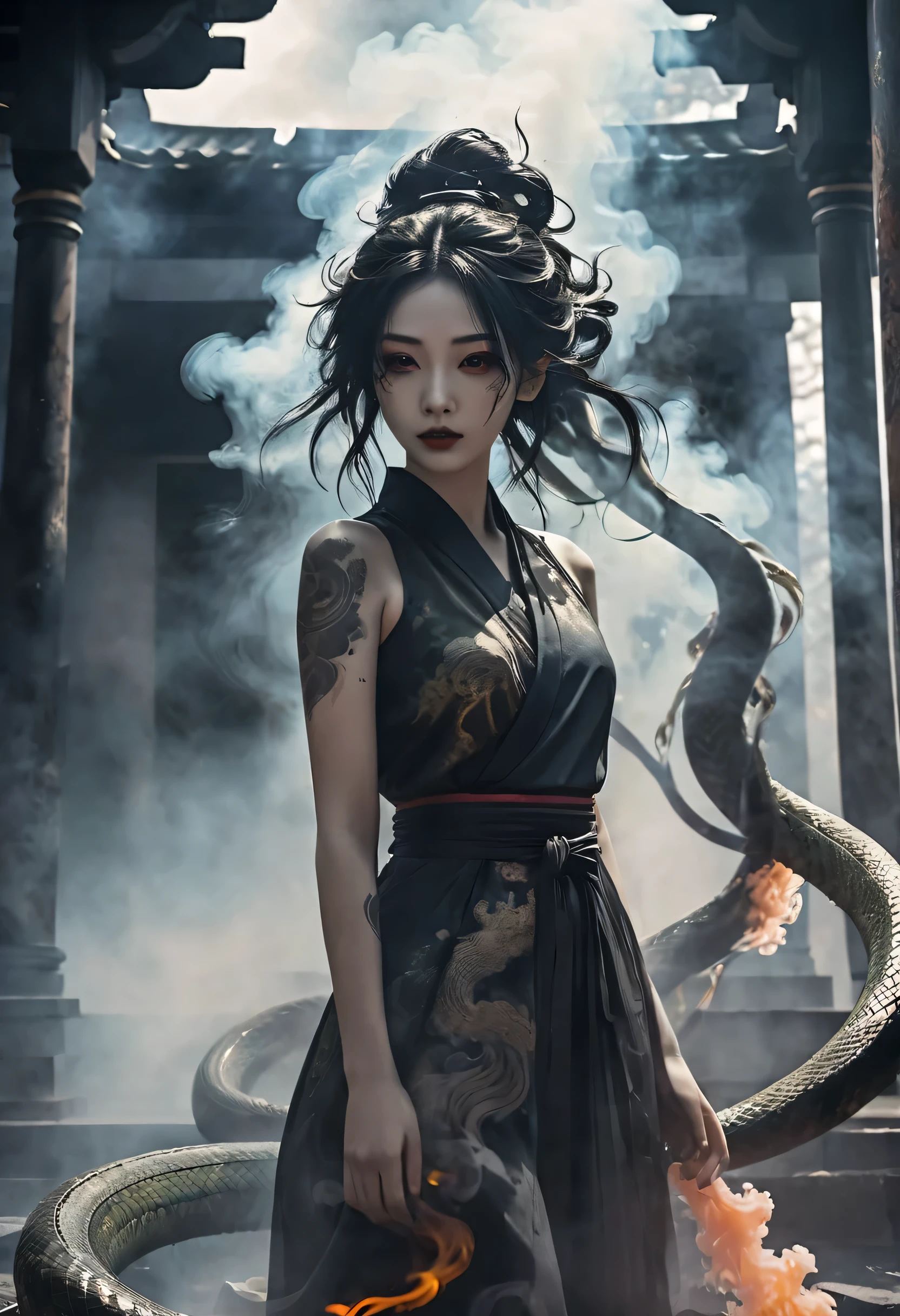 a girl made by smoke, floating around ruined ancient temple, inspired by japanese god, shrine background, japanese, dark, horror vibe, goth, add some snake, mythical god japanese, evil smile, crazy eyes, blindfold, fuji color, high details, high quality, accurate