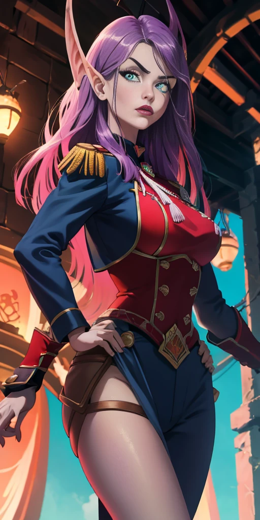 red uniform, pink military uniform, purple hair ,blue eyes, lipstick, long hair, 1 girl, 20yo,Young female, Beautiful Finger, Beautiful long legs, Beautiful body, Beautiful Nose, Beautiful character design, perfect eyes, perfect face, expressive eyes, looking at viewer, in the center of the image,(light_smile:0.5), official art, extremely detailed CG unity 8k wallpaper, perfect lighting, Colorful, Bright Front face lighting, shiny skin, (masterpiece:1.0),(best_quality:1.0), ultra high res,4K,ultra-detailed, photography, 8K, HDR, high res, absurdres:1.2, Kodak portray 400, film grain, blurry background, bokeh:1.2, lens flare, (vibrant_color:1.2) (Beautiful,large_Breasts:1.0), (beautiful_face:1.5),(narrow waist) Grey Skin Elves